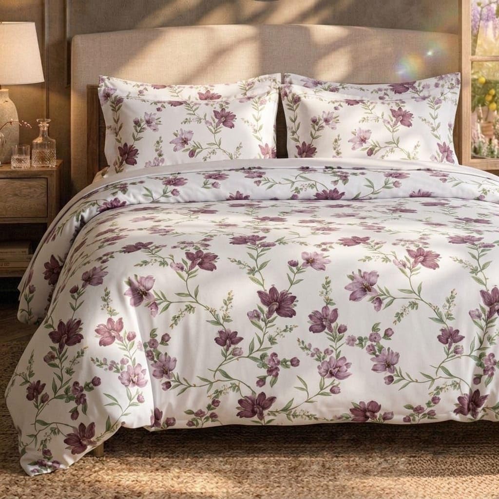 HOME Set Copripiumino Matrimoniale 4 Pezzi 220x230 con Lenzuolo 160x200+35 e 2 Federe 50x80 – Microfibra Morbida Traspirante – Bouquet Harmony Collection (Bouquet Violet)