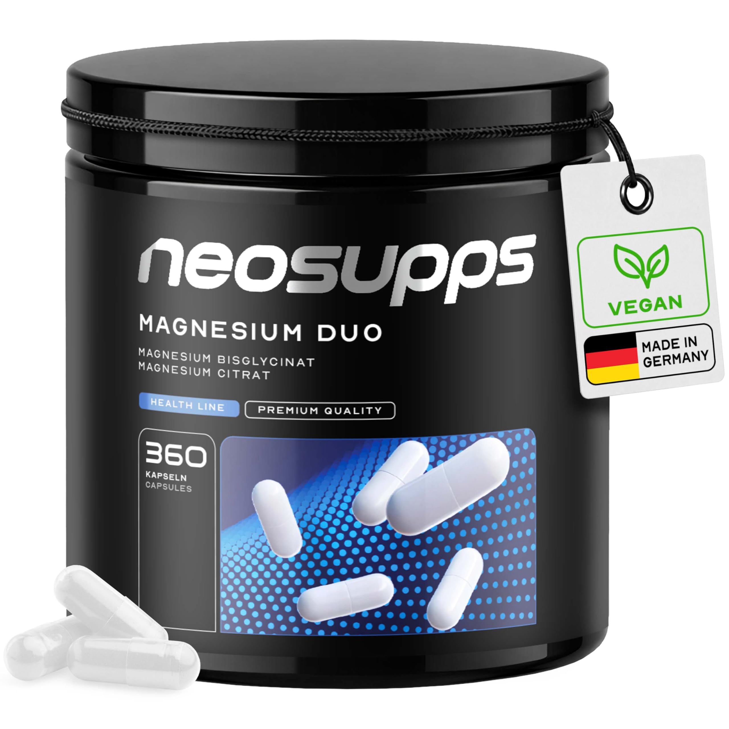 Neosupps Magnesium Duo 360 Kapseln, Bisglycinat Citrat Komplex, Hochdosiertes Nahrungsergänzungsmittel, Bioverfügbarkeit, Unterstützt Muskelkontraktion, Nervensystem und Energiestoffwechsel, Vegan
