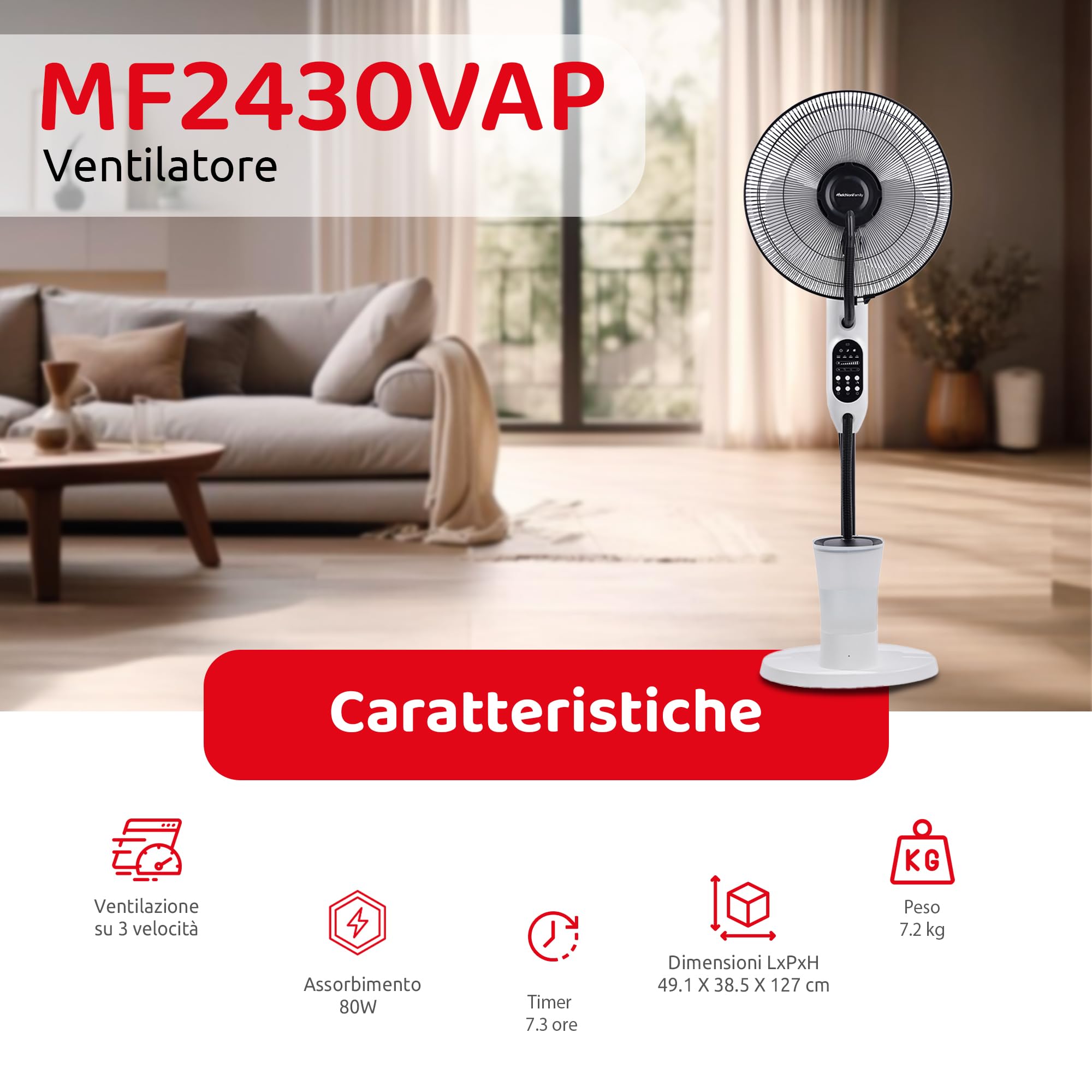 Melchioni Family | Ventilatore Nebulizzatore con Telecomando, Ventilatore da Terra con 3 Pale, 3 Modalità, Serbatoio 2,8 l fino a 8 Ore