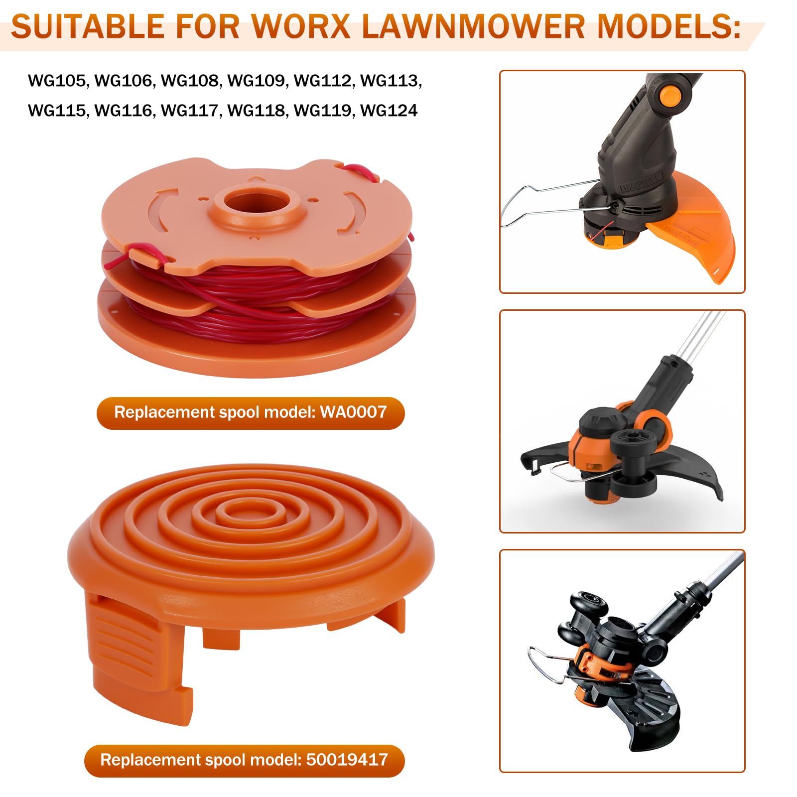 Bobina di filo di ricambio per decespugliatore Worx, set di 6 bobine con 2 tappi, filo in nylon da 1,6 mm da 9,8 m, robusta cassetta in ABS, compatibile con i modelli WORX WA0007