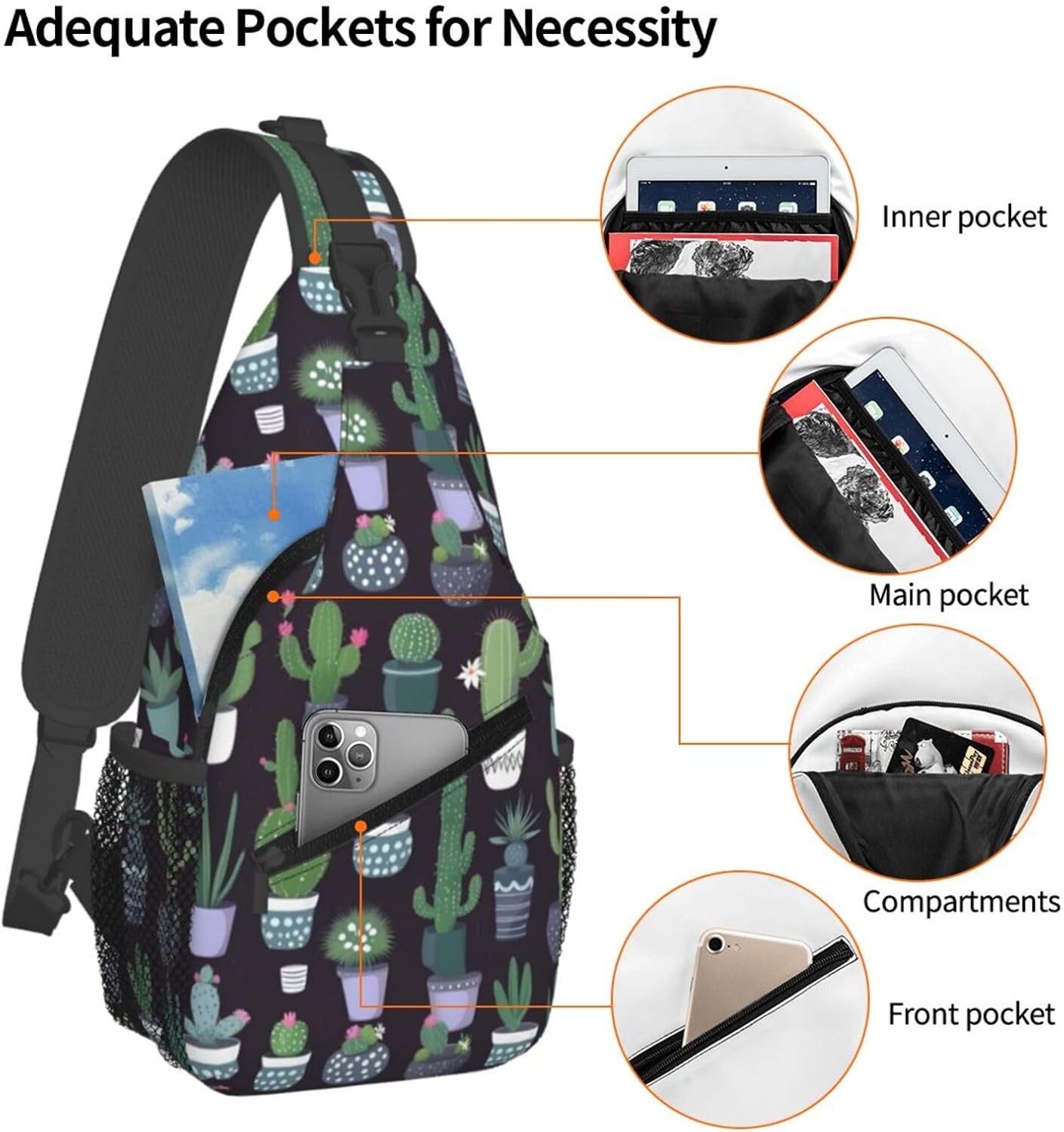 Cactus Succulent Plant Print Sling Bag Crossbody Travel Hiking Chest Backpack Shoulder Daypack For Women Men