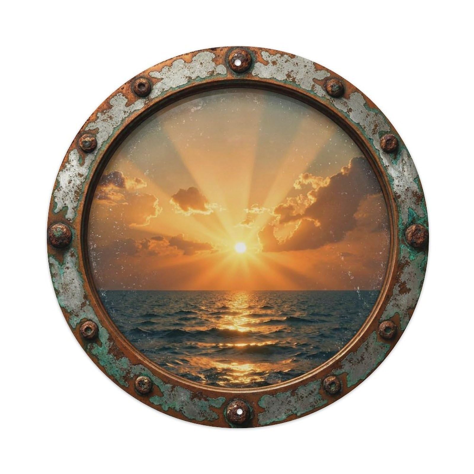 Vintage Porthole Amber Sunrise Nautical Window View Vintage Metal Tin Sign Plaque Wall Decor for Cafe, Club Bar, Office, Garden Metal Poster 8x8Inch