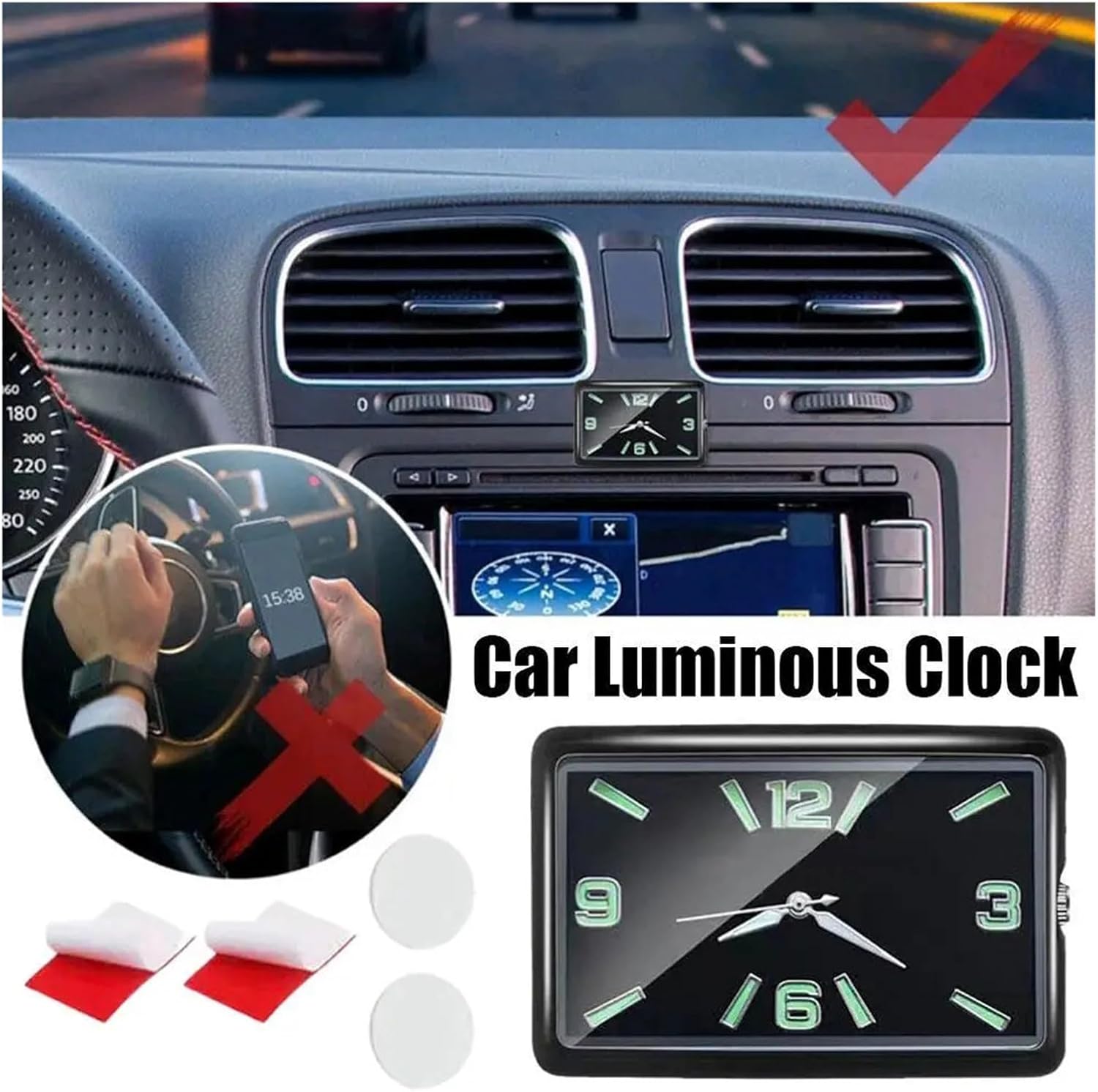 Fit for Self-Adhesive Quartz Clock for Car Air Vent - Noctilucent Electronic Timepiece for Workbench and Storage Cabinet(C)