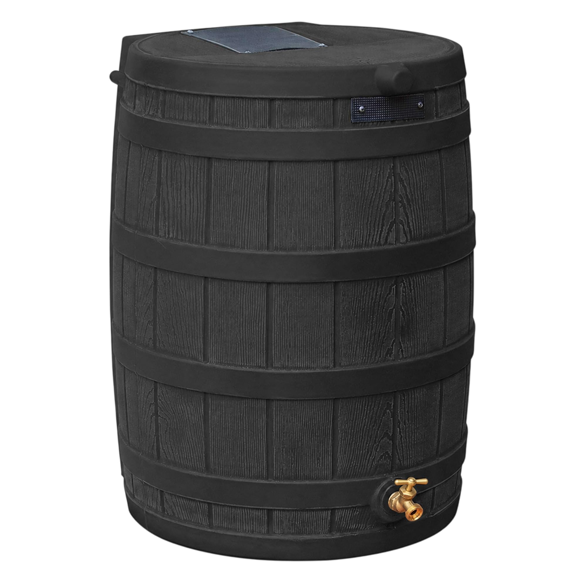 Good Ideas Rain Wizard Water Collection Barrel, 50 Gallon, Black | Faux Wood Design - Plastic Outdoor Home Rain Barrel, Rainwater Storage Collector with Metal Spigot and Flat Back