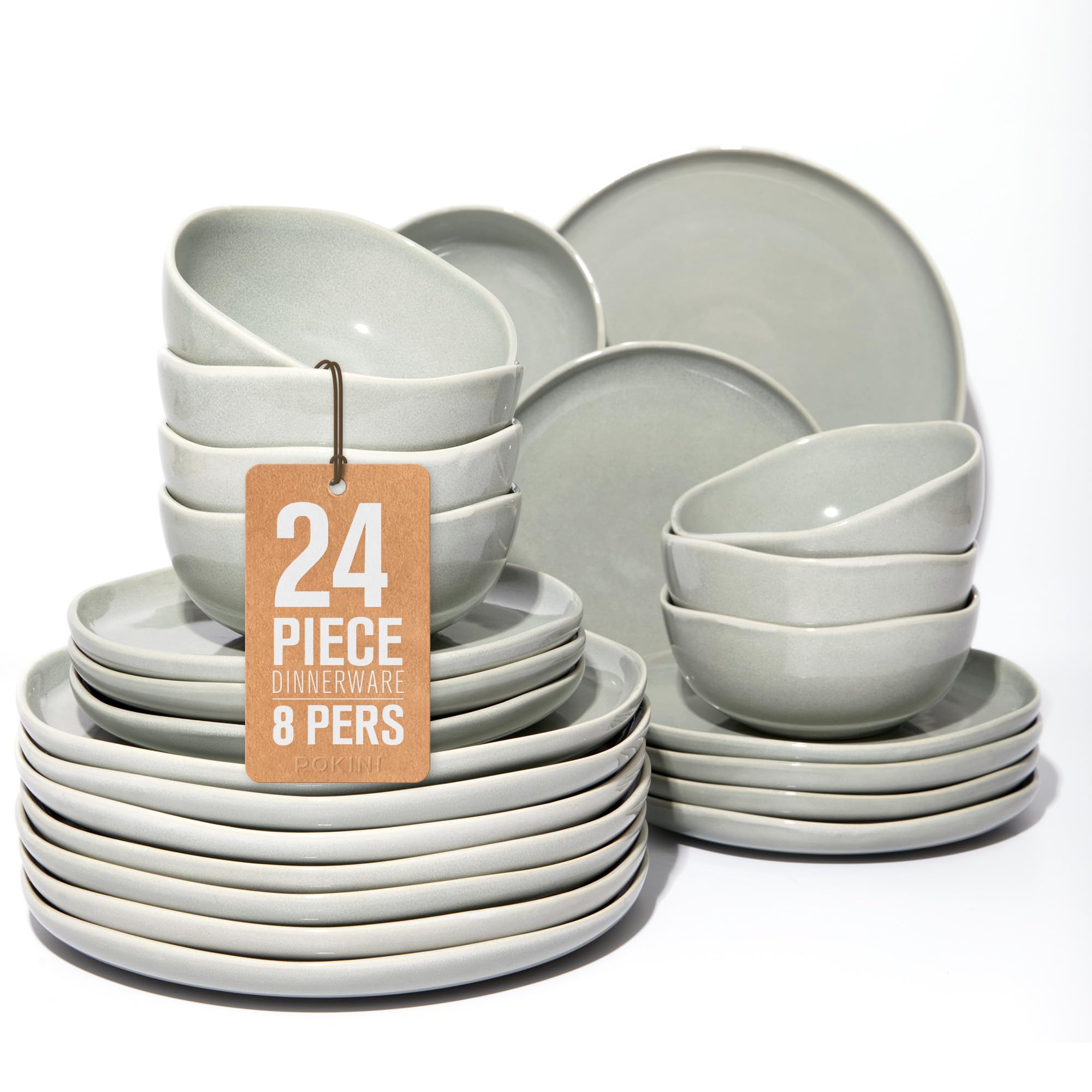 Pokini Stoneware Dinnerware Sets for 8, 24Pcs Ceramic Plates and Bowls Sets