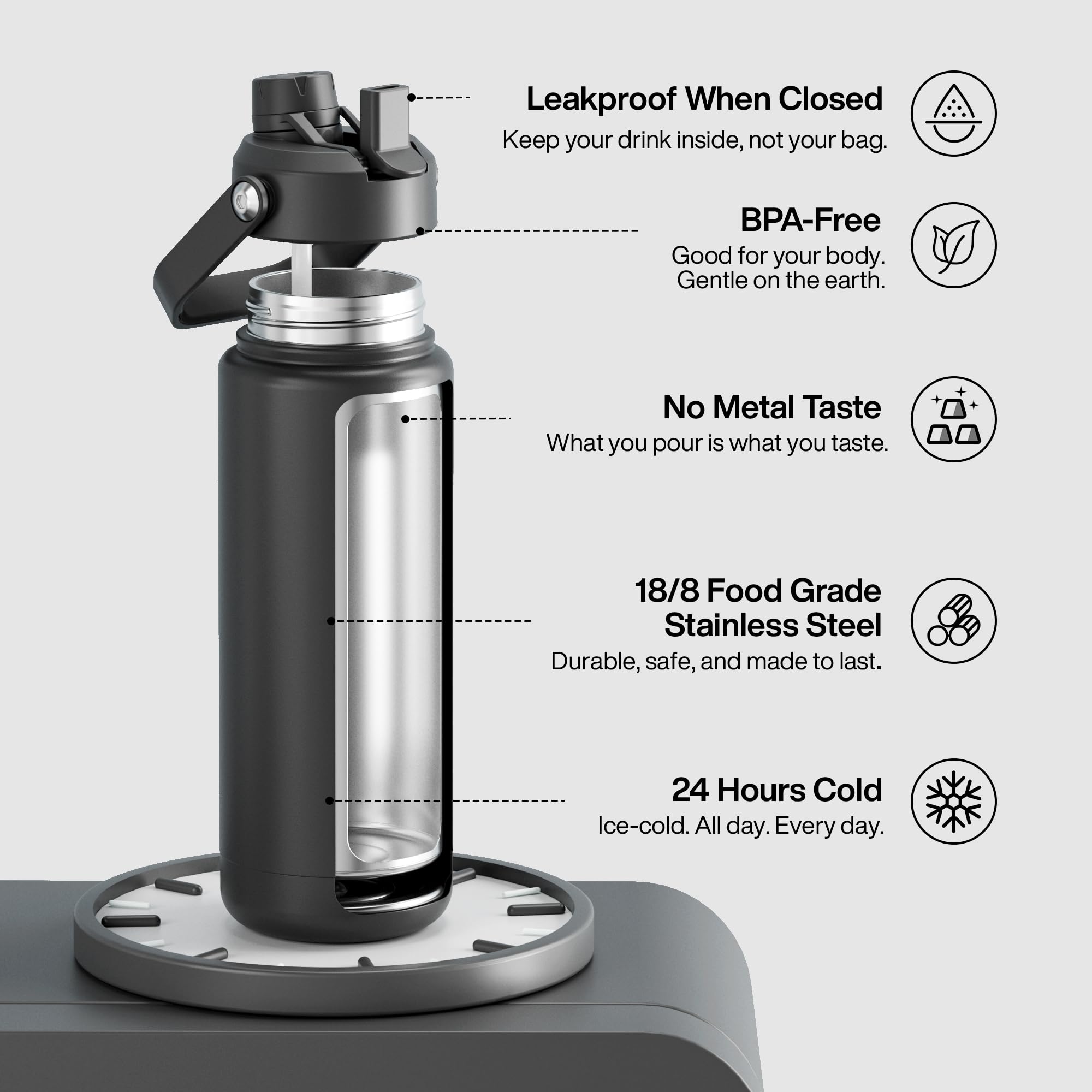 ENCOOL Botella de agua aislada con pajilla, de acero inoxidable, a prueba de fugas, sin BPA, doble pared, al vacío que mantiene el frío durante 24 horas, para deportes, viajes, escuela (907.2 g, noche