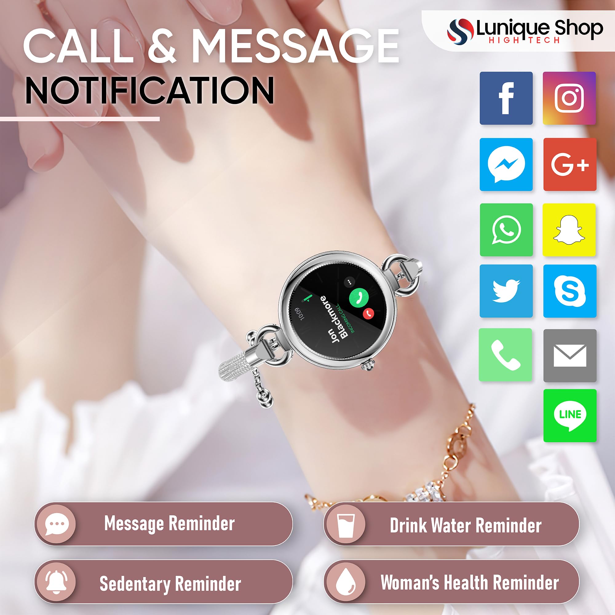 Nowość LSBEAUTY Rhinestone Inteligentny zegarek damski Smartwatch Tlen krwi, napięcie krwi, tętno, krokomierz pogoda muzyka inteligentna bransoletka iOS/Android srebrny