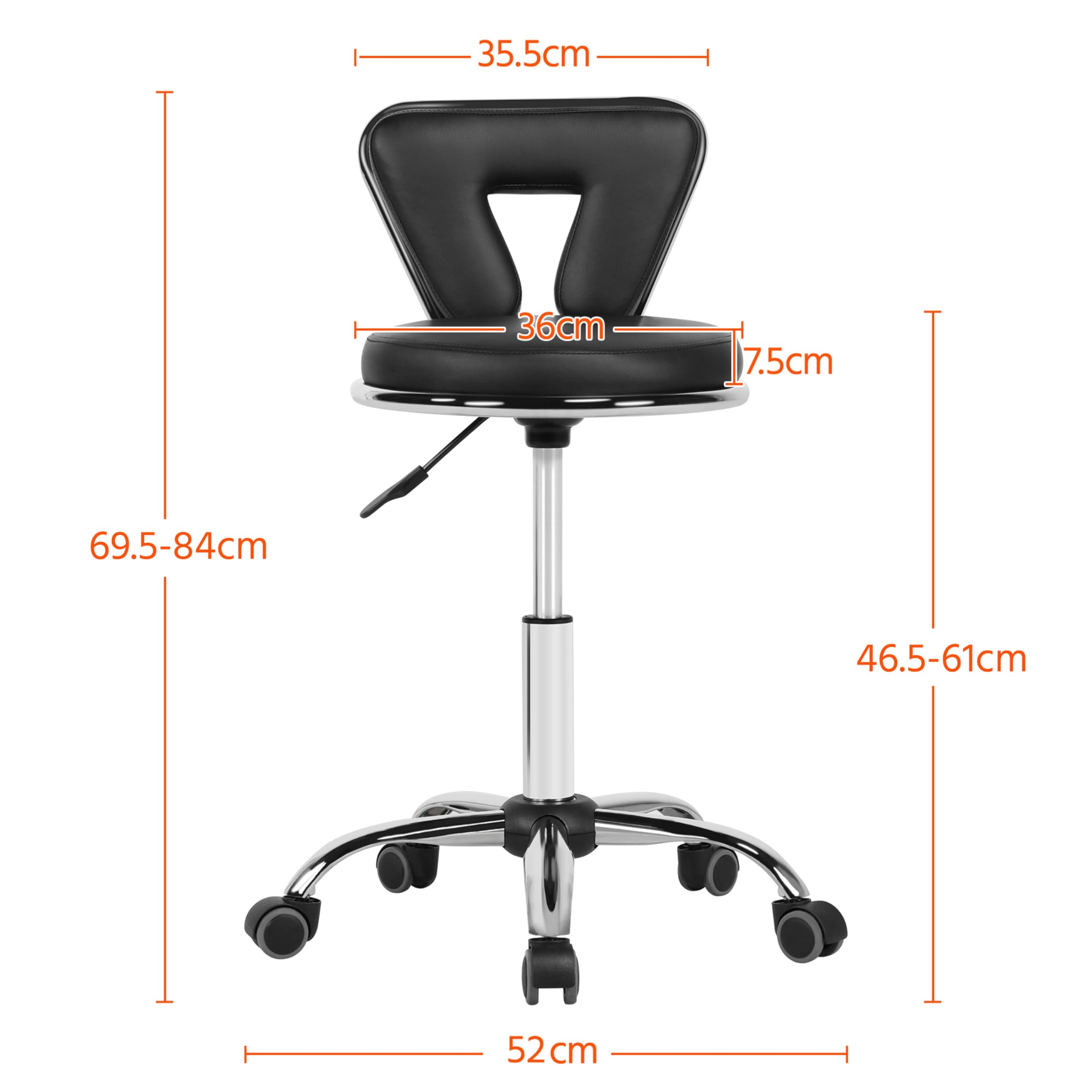 Yaheetech Sgabello Estetista con Schienale con Ruote Altezza Regolabile Girevole per Estetista Parrucchiere Ergonomico Ufficio Studio Scrivania Salone Nero