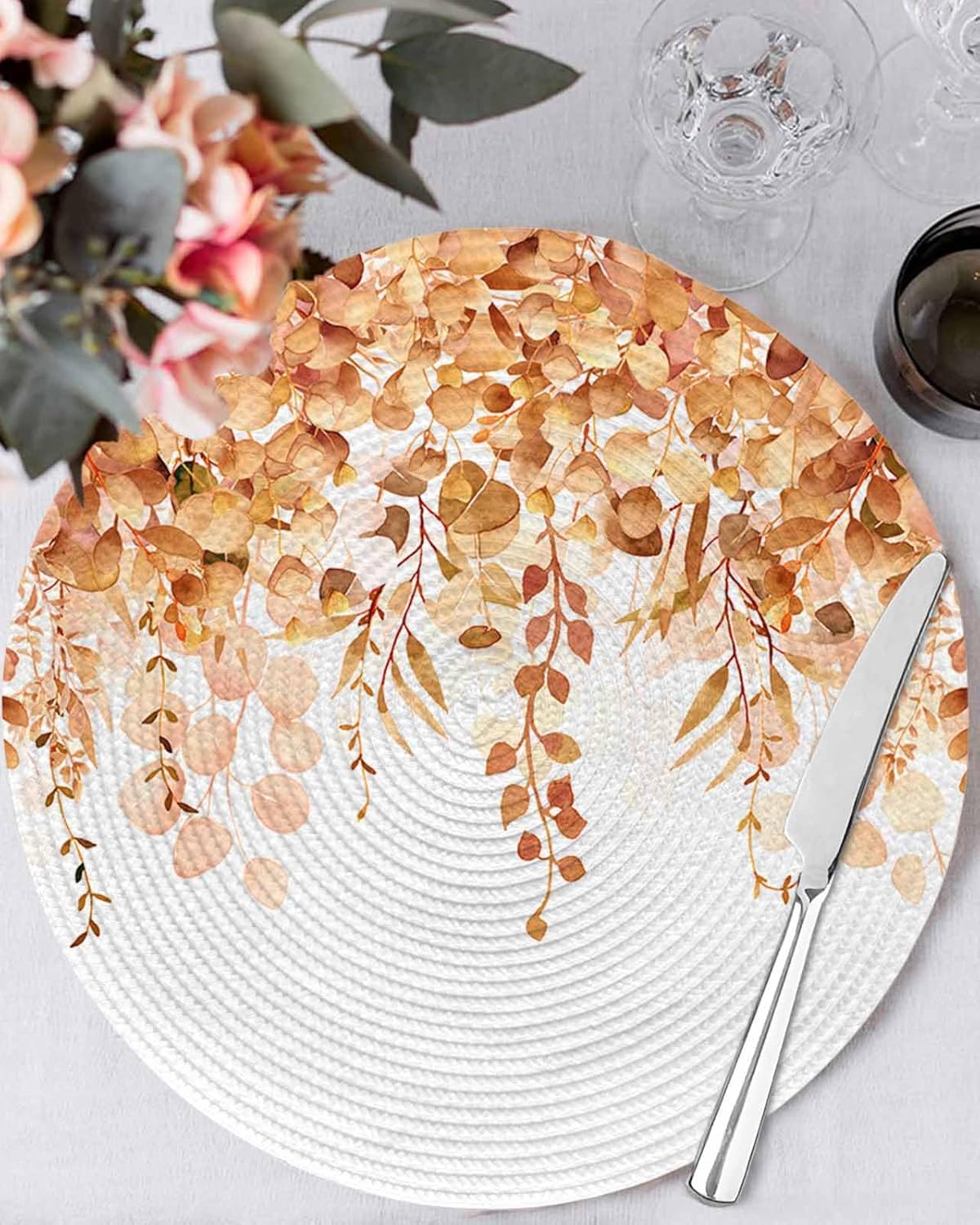 Round Placemats Orange Eucalyptus 15 inch Placemats for Dining Tables Watercolor Leaves Round Table Mats for Kitchen Decoration Set of 6
