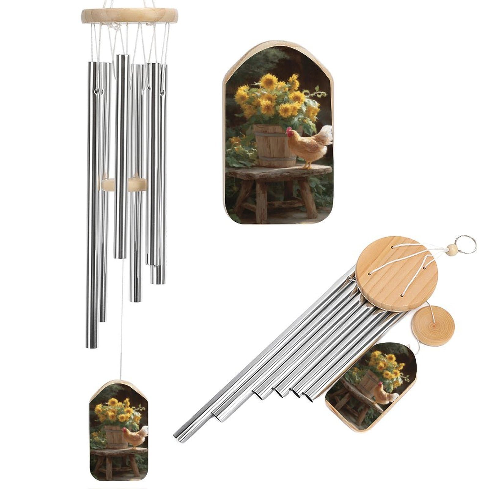 Countryside Chicken And Sunflowers Wooden Bucket Wind Chimes Memorial Deep Tone Windchime with 6 Aluminum Tubes Outdoor Backyard Garden Decoration