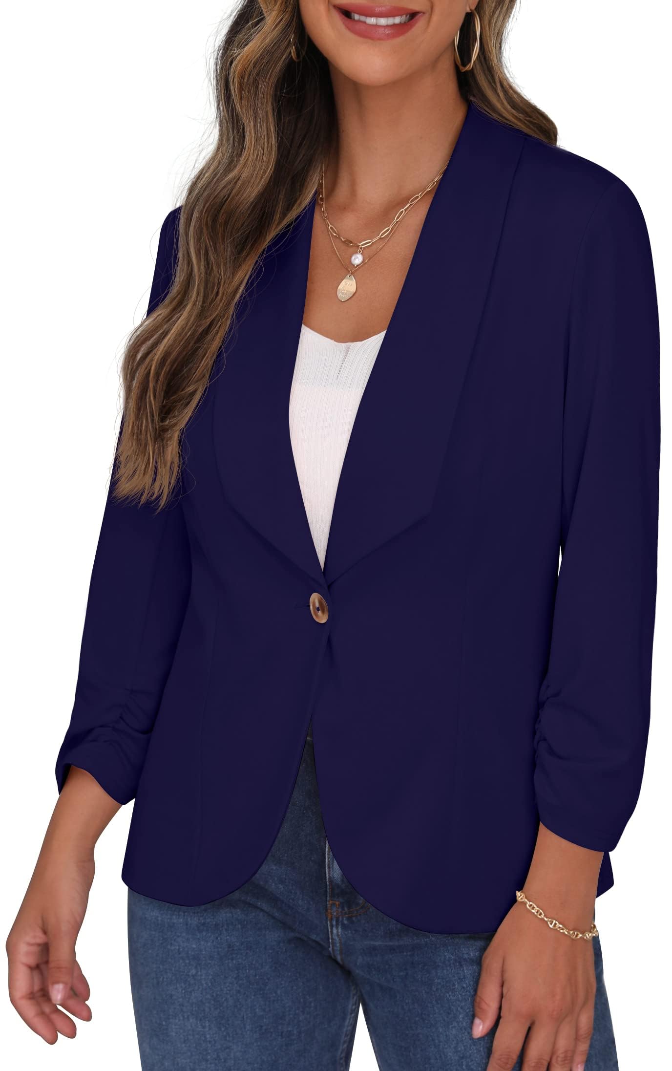 PrinStory Blazer Ouvert sur Le Devant pour Femme - Manches 3/4 froncées - Style décontracté - pour Le Travail et Le Bureau
