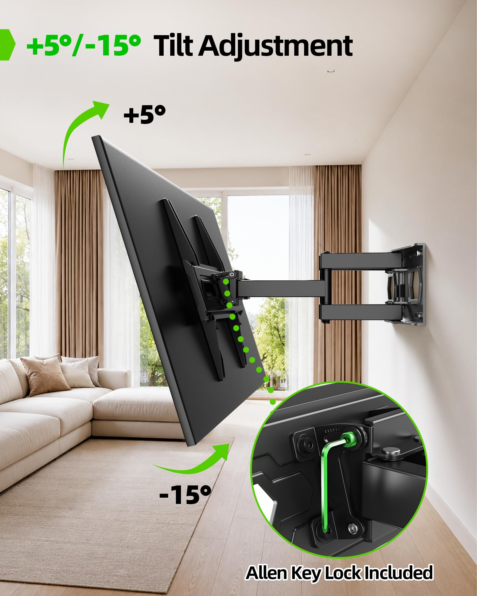 USX MOUNT TV Wall Mount for 32-74 inch Flat Screen/LED/4K up to 110lbs, Full Motion TV Mount Bracket with Swivel & Tilt Articulating Dual Arms, Max VESA 400x400mm, Fits 12/16" Wood Studs — Amazon image 5