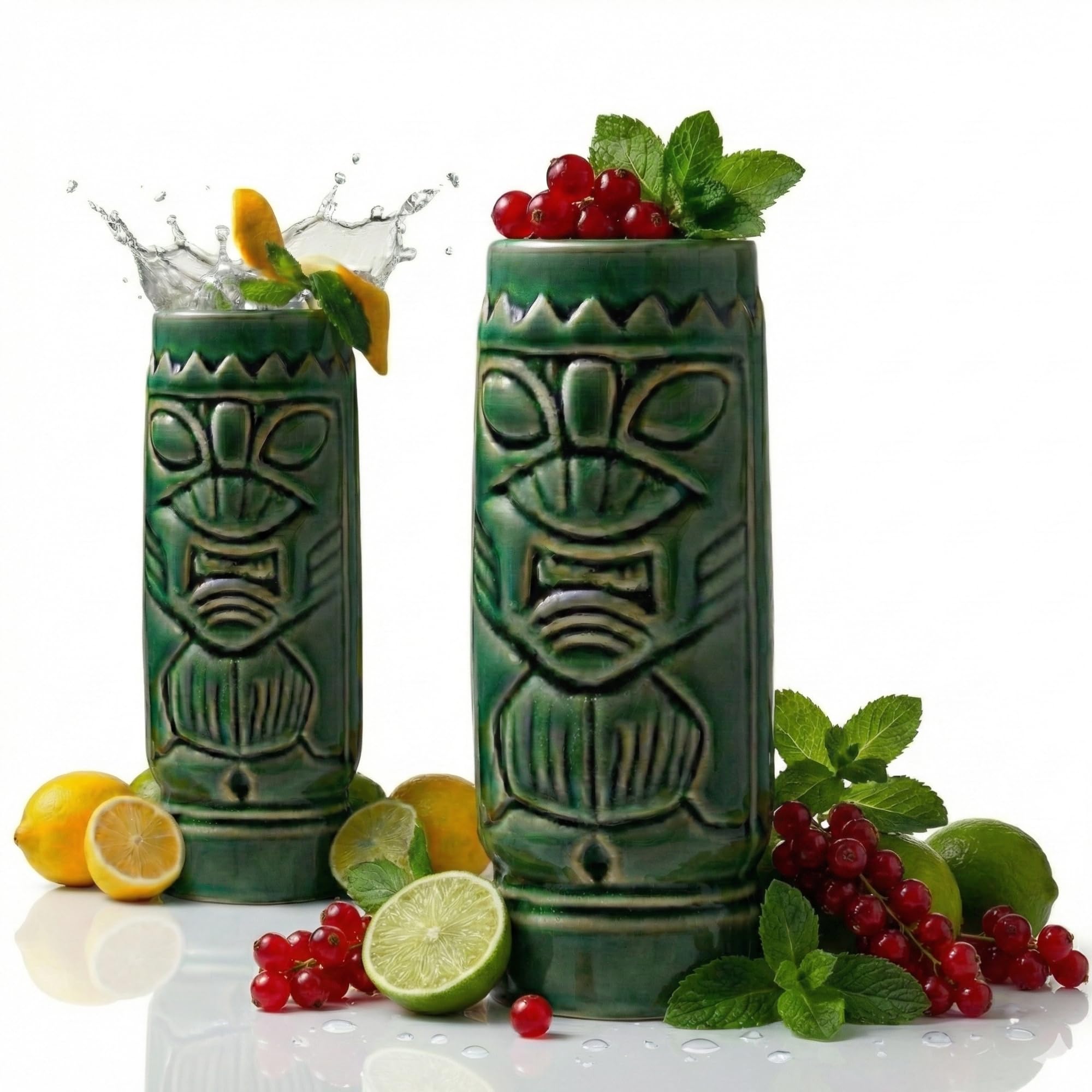 Drinkstuff Ceramic Green Tiki Mugs Set of 2 – Hand-Painted 300ml Cocktail Cups in Gift Box, Hawaiian Tiki Bar Glasses for Pina Coladas & Tropical Drinks