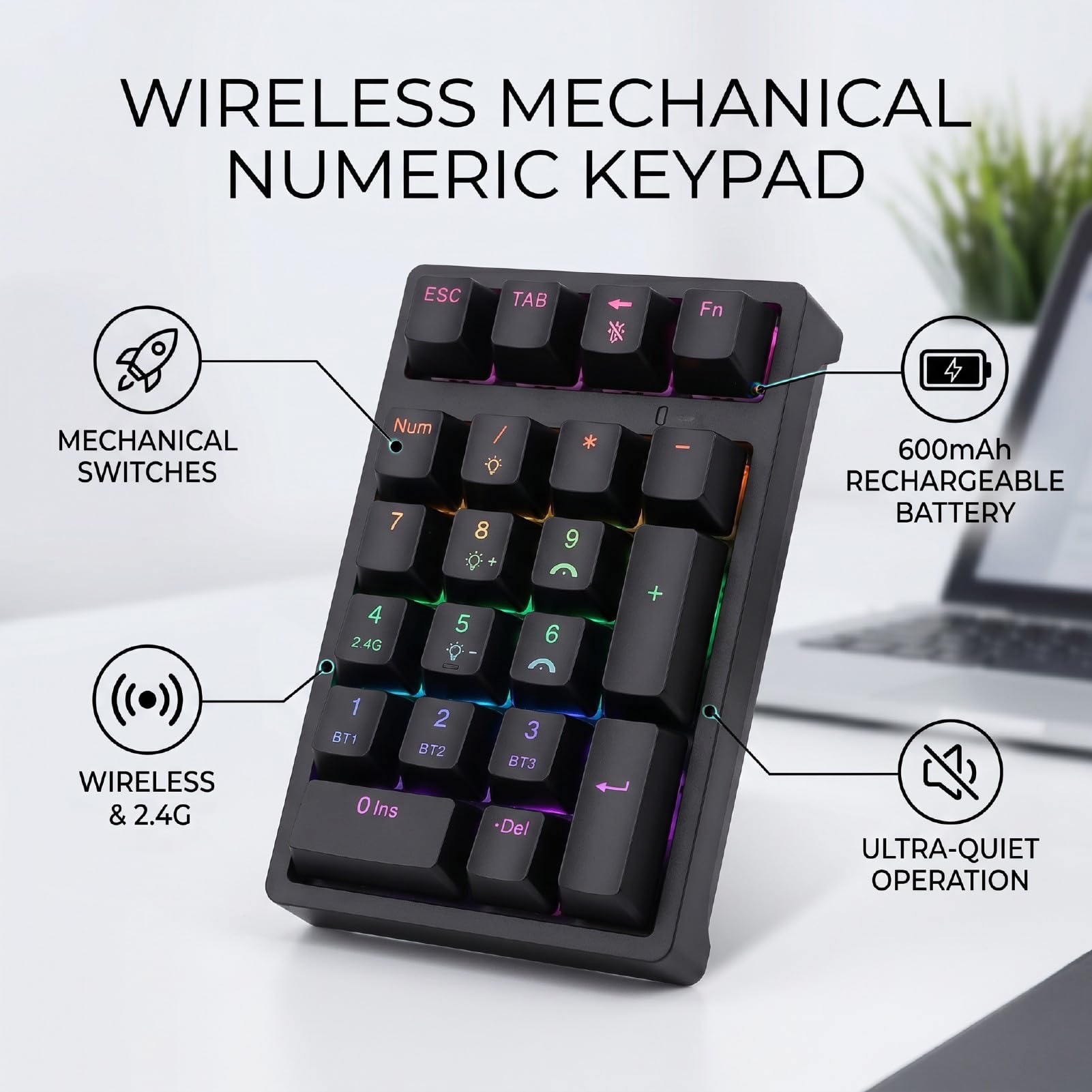 Fabater Tastierino Numerico Meccanico, Numpad BT 2.4G Cablato, 21 Tasti con Retroilluminazione RGB, Asse Silenzioso per Laptop, PC