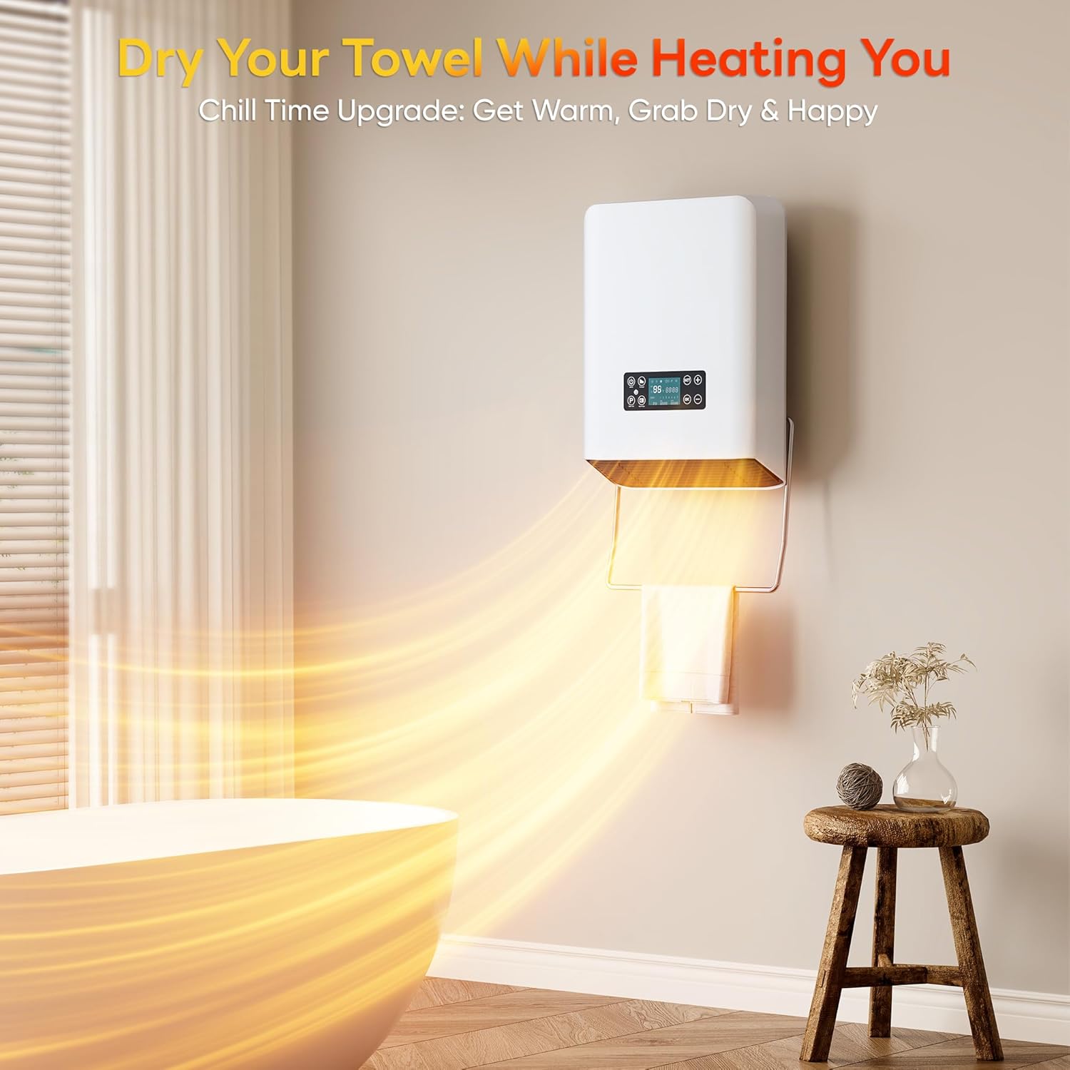 Wall Heater with Towel Warmer - 1500W Safe Space Heater, IP24 Splash Proof, Remote Control & 24H Timer for Bedroom, Office, Basement (Heats 200 sq ft)