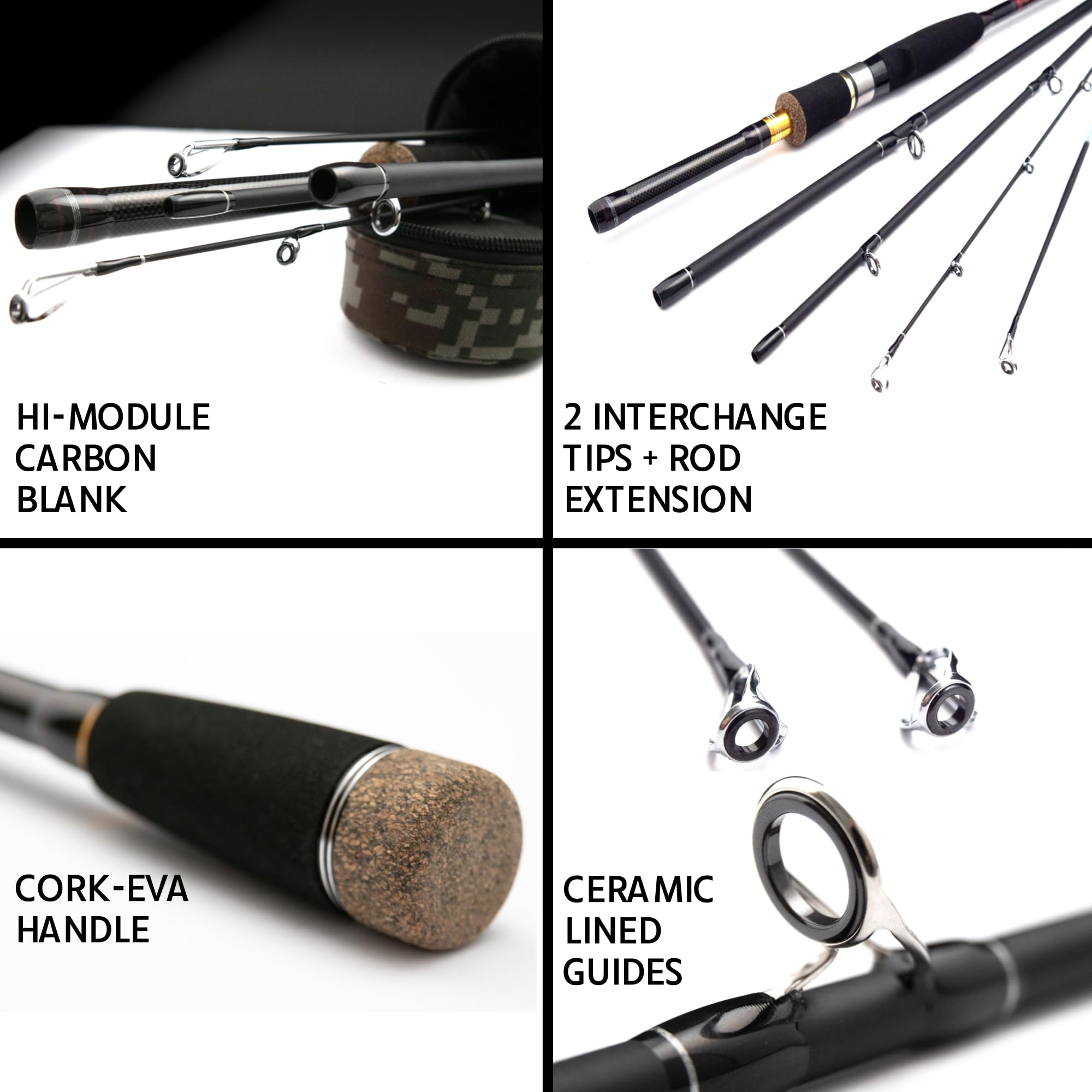Rigged and Ready Predator Series Spin & Baitcast Travel Fishing Rods. Unique Spin Cast Micro Trigger. Compact Hi-Carbon Rods. 4 Rod Sections, 2 Tips, + case. Mobile Lure Rod Anglers. Fresh & Saltwater