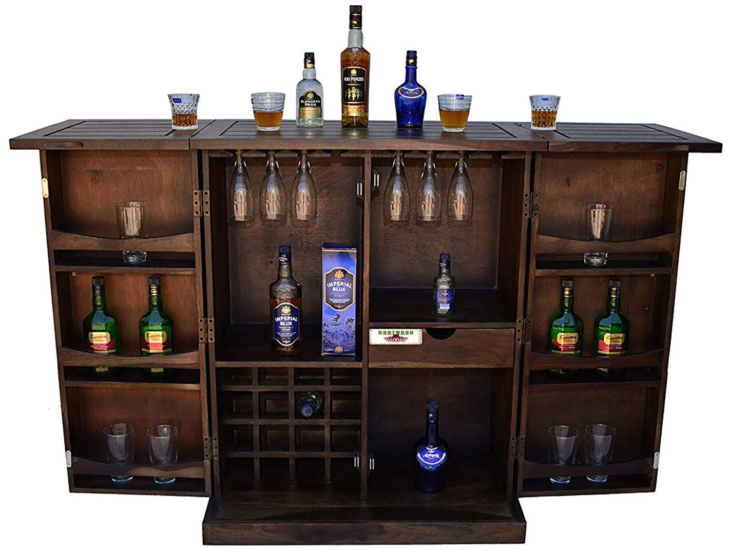 Buy ROOTWOOD Sheesham Wood Counter Bar Rack with Wine Glass