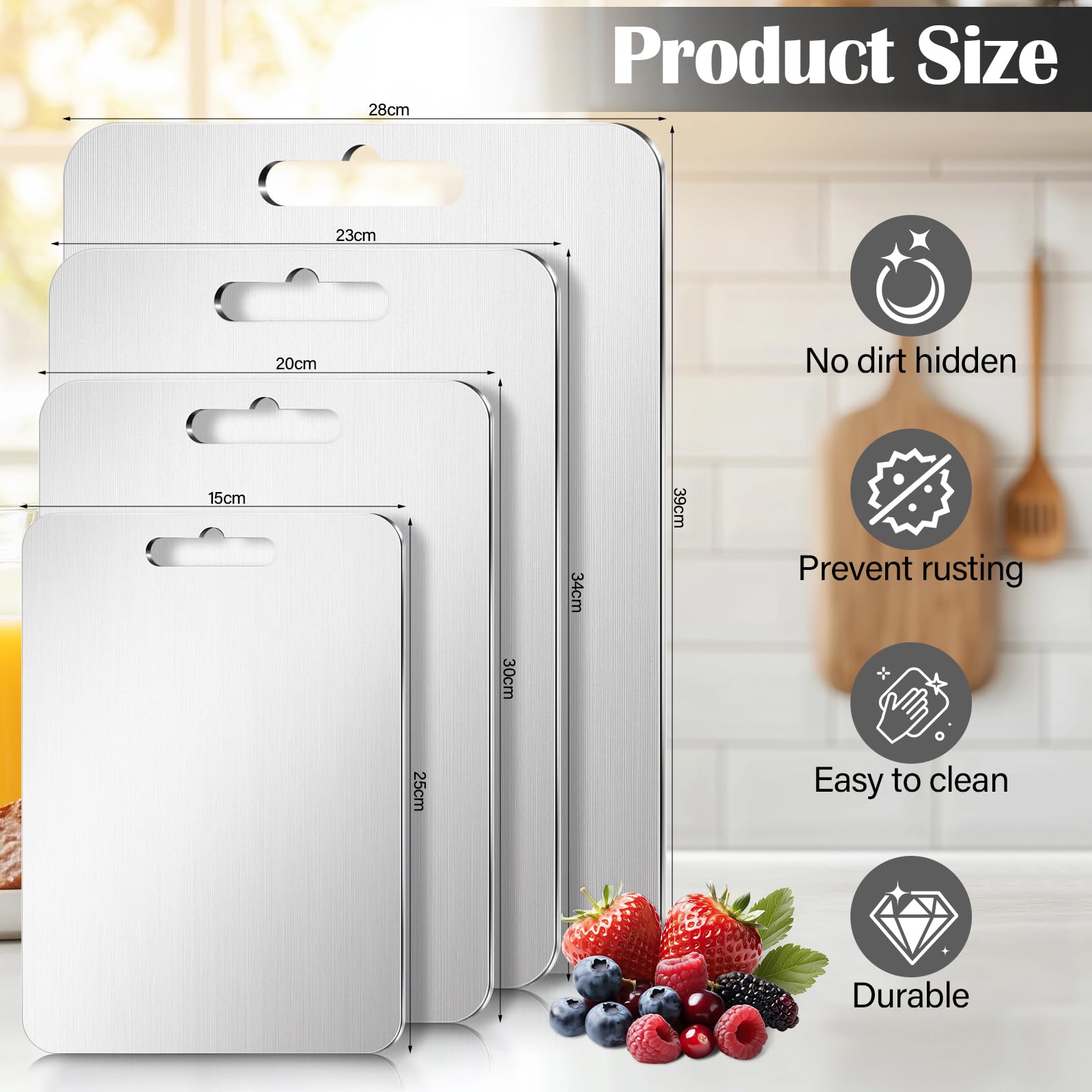 4 Pezzi Tagliere Acciaio Inox, Taglieri a Doppia Faccia, SSet da Cucina | SUS 304, Antibatterico e Resistente, Multifunzione Tagliere Cucina, per Carne, Pane, Verdura e Frutta