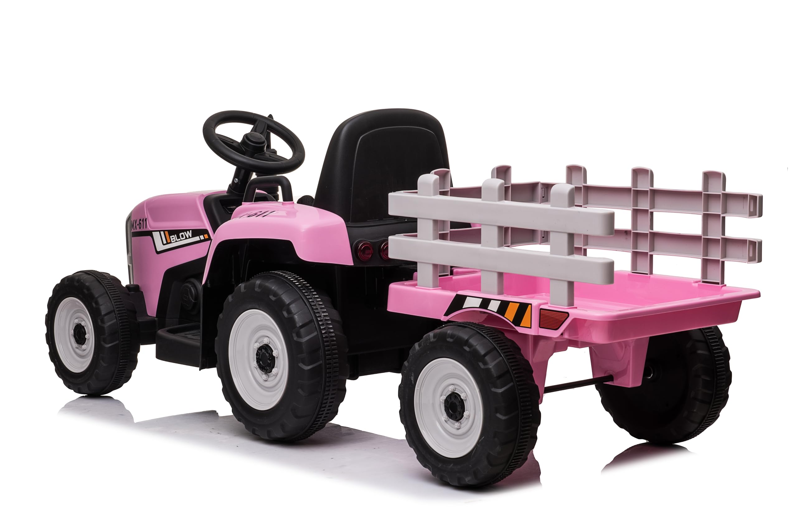 FINOOS 12V Tracteur Électrique Enfants avec Pelle & Remorque Amovible, Télécommande 2,4G, 2-6km/h, Rose
