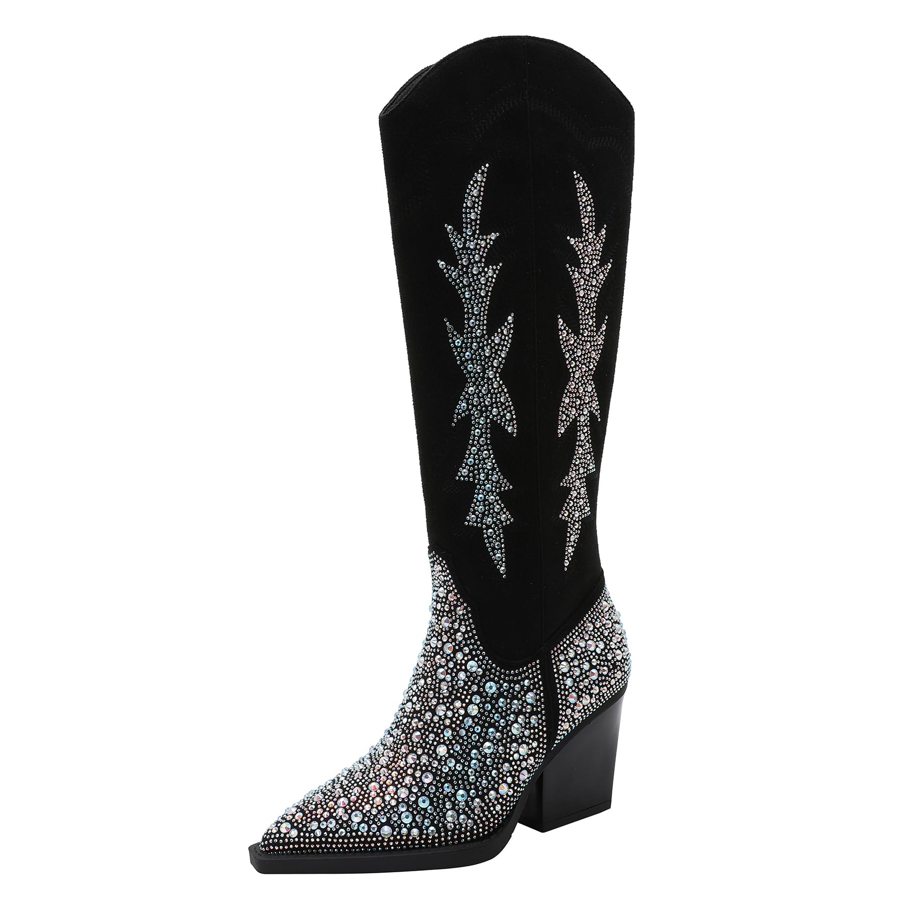 Western Rhinestone Cowgirl Boots Black Suede with Crystal Embellishments Knee High Block Heel Pointed Toe