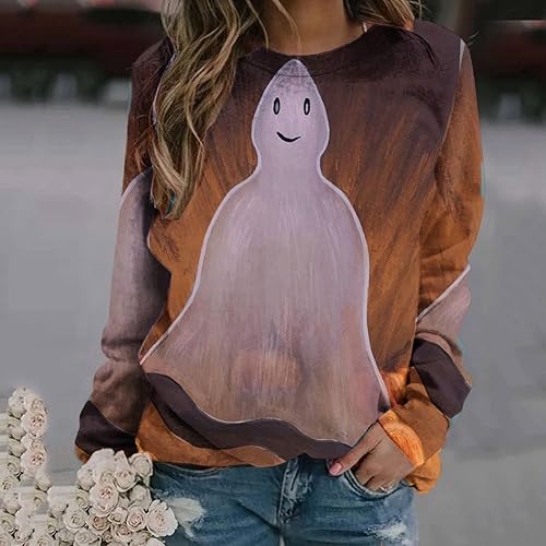 Miniatura 2 de Halloween Spooky T-Shirt for Women Casual Fall Graphic Tee Vacation Long Sleeve Tops Cute Round Neck Tee Shirt