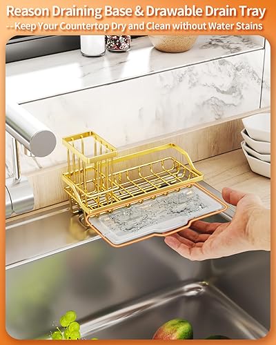 Miniatura 5 de SWTYMIKI Organizador de fregadero de cocina con soporte para cepillos desmontable, soporte de esponja de acero inoxidable con bandeja de goteo