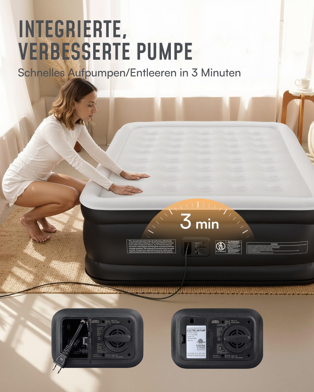 Airefina Luftbett 2 Personen, Luftmatratze Selbstaufblasend mit Integrierter Pumpe, Aufblasbare Matratze in 3 Minuten, Luftbett für Camping &Heimgebrauch, Langlebig Gästebett -203 x 152 x 46cm
