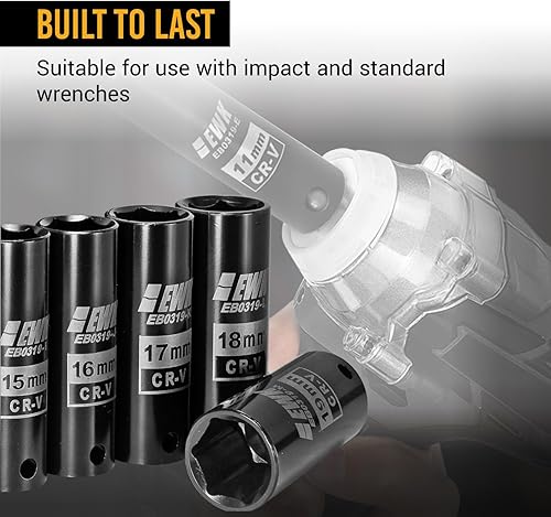 Miniatura 5 de EWK Juego de 13 llaves de vaso de impacto de pozo profundo de 3/8 pulgadas, 6 puntos métricos de 13 piezas (7, 8, 9, 10, 11, 12, 13, 14, 15, 16, 17,