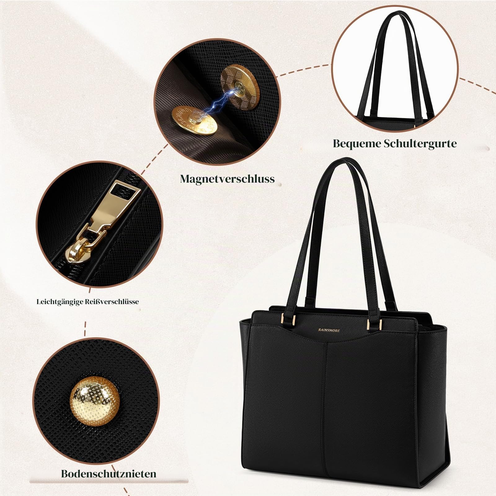 RAINSMORE Handtasche Damen Groß Shopper Tasche Damen Wasserdichte Laptoptasche 14 Zoll PU Leder Tote Bag mit Reißverschluss Innentasche Arbeitstasche Schultertaschen Henkeltasche