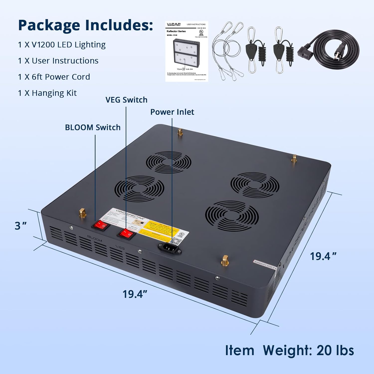 Package contents including the V1200 LED grow light, user manual, power cord, and hanging kit.