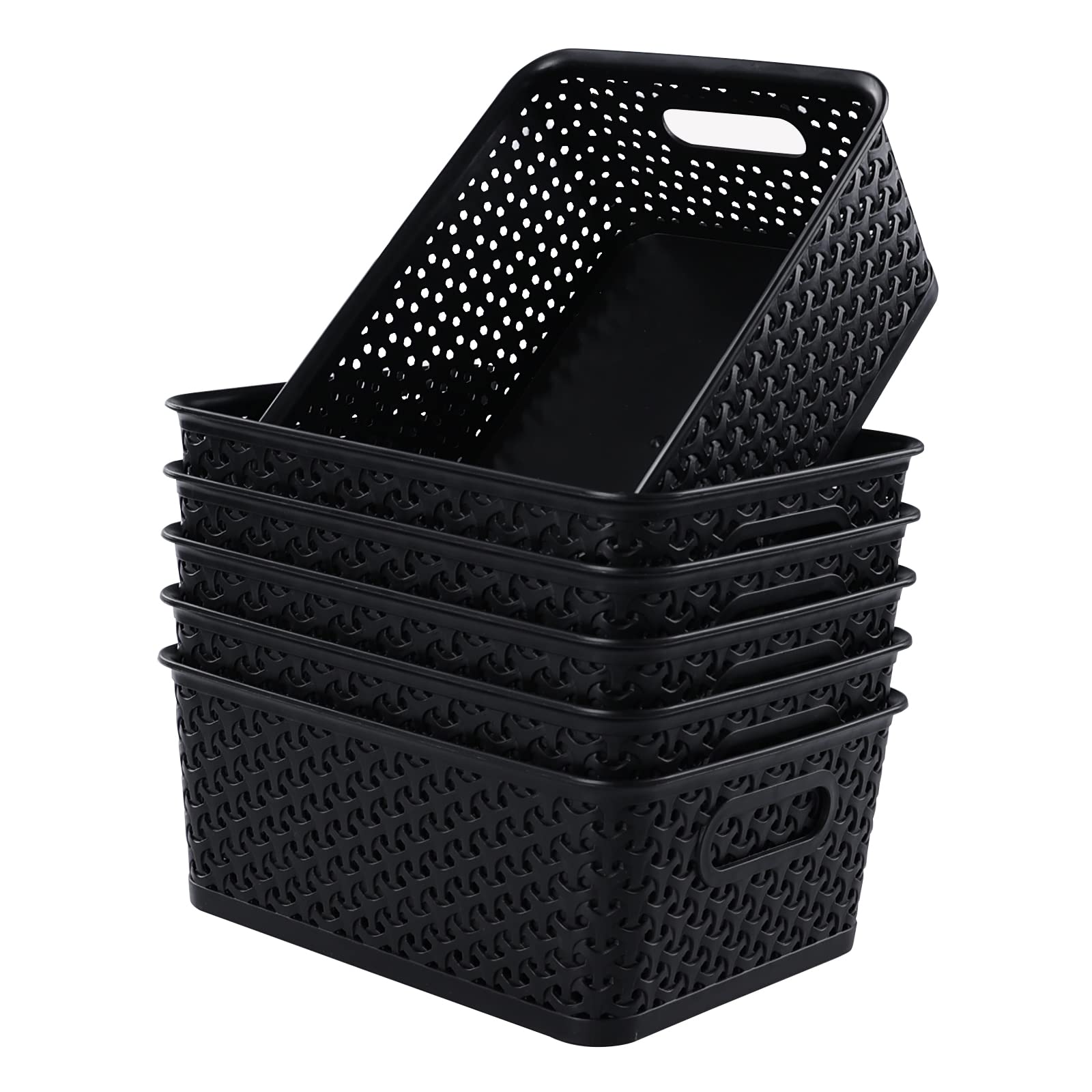 AnbersPlastic Weave Storage Baskets Bins, 6 Packs, Black