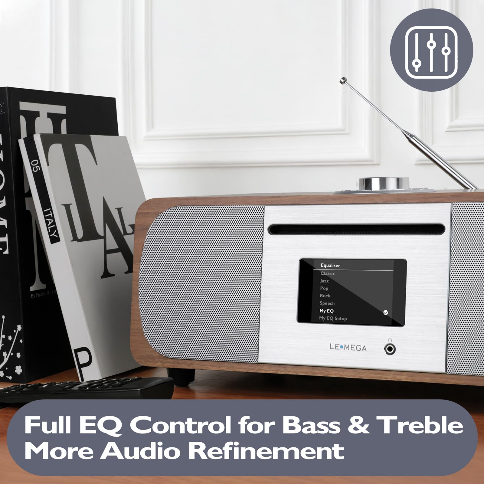 LEMEGA M6P CD-Player mit DAB/DAB+ & FM-Radio, Bluetooth-Streaming, 150W Stereo-HiFi-System mit internem Subwoofer, 2,8" Farbdisplay, 40 Speicherplätze, Fernbedienung, Akustisches Holzgehäuse,Walnuss