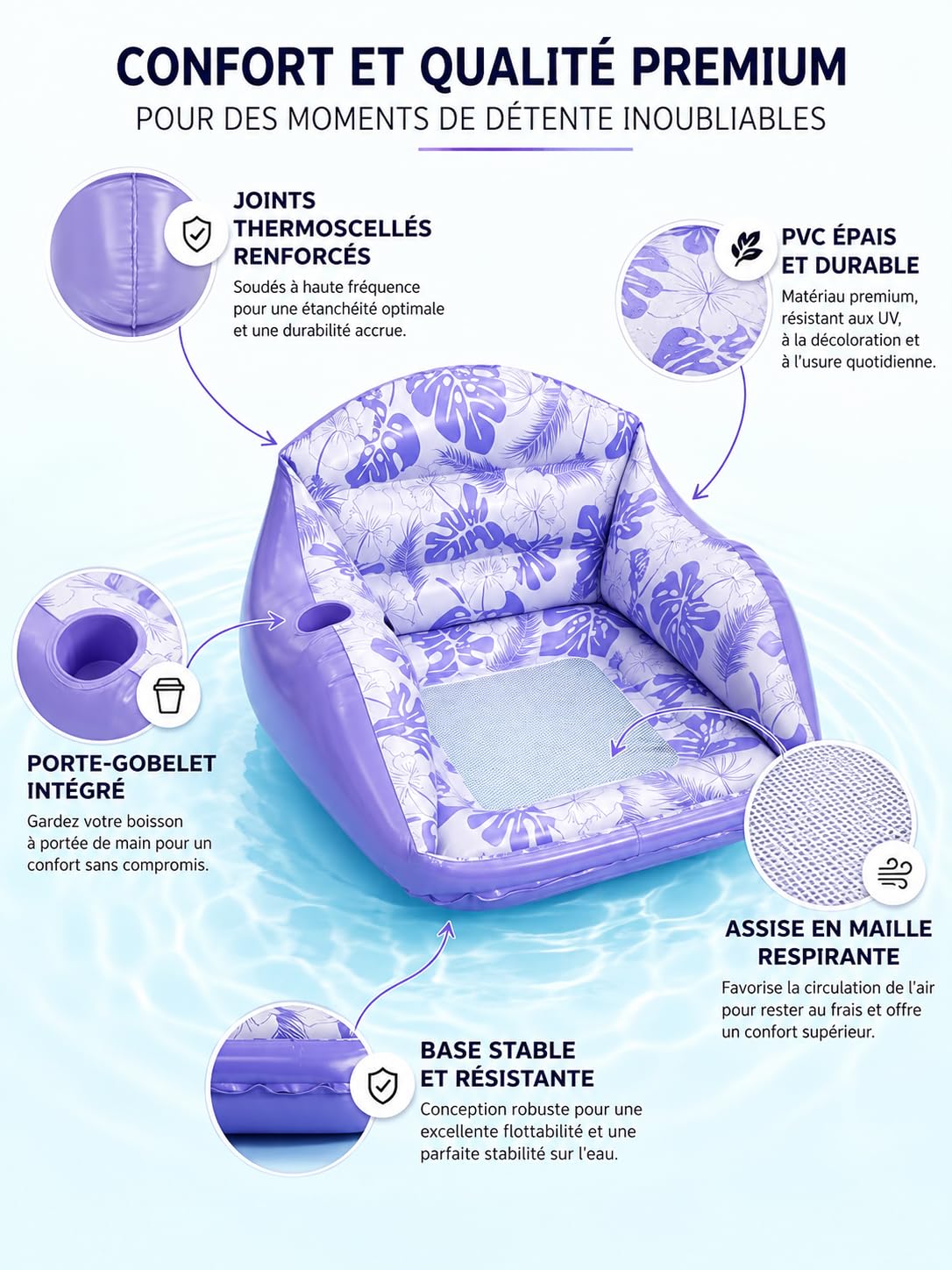 Fauteuil Flottant pour Piscine | Fauteuil Piscine Gonflable, Le Fauteuil Flottant Premium 4 en 1,Matelas et Fauteuil Flottant pour Adultes, Plage et Vacan