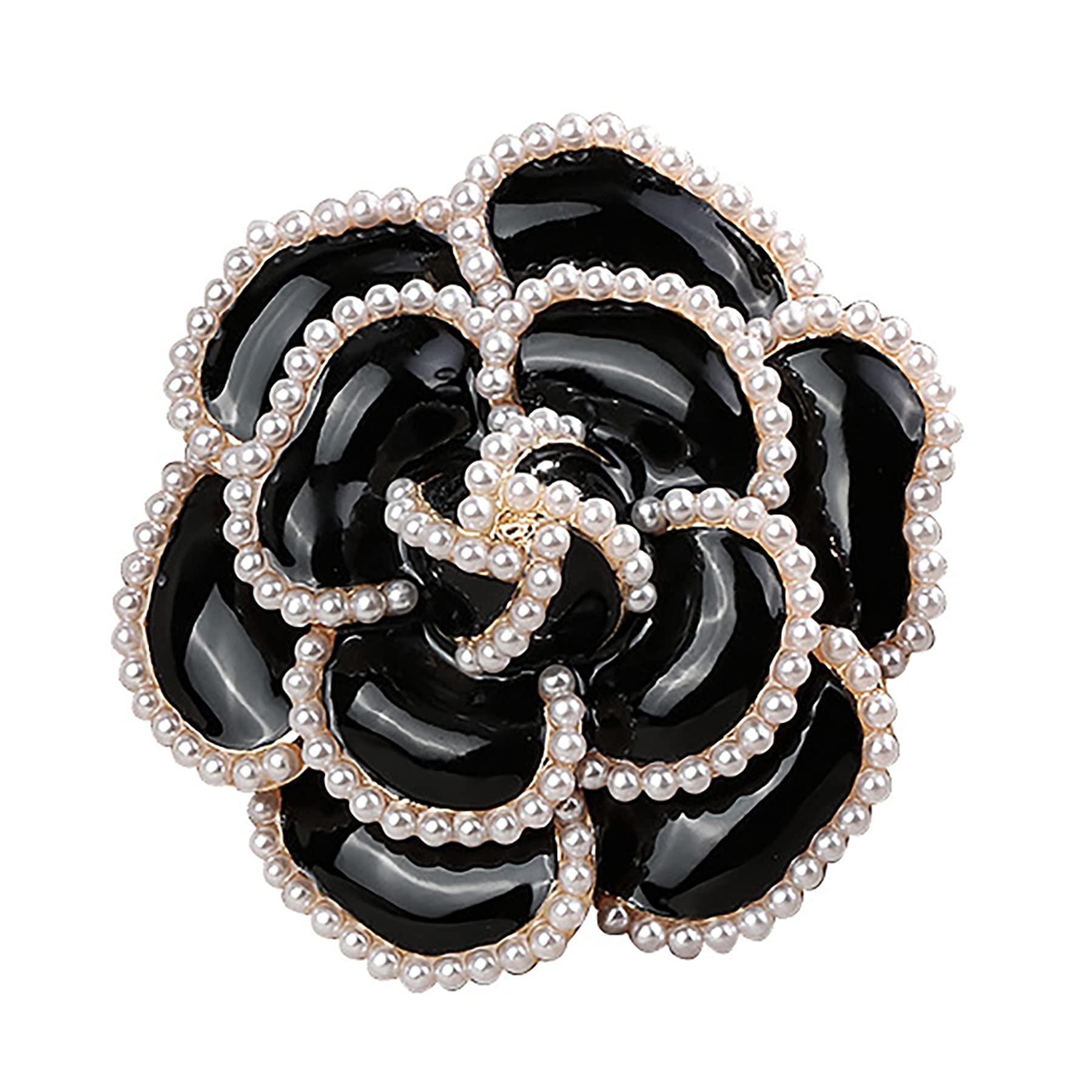 MXHUABlack Rose Flower Brooch Pin Petal Pearl Elegant Exquisite Brooches for Women Wedding Banquet Party Shirts Dresses, Metal, imitation pearls