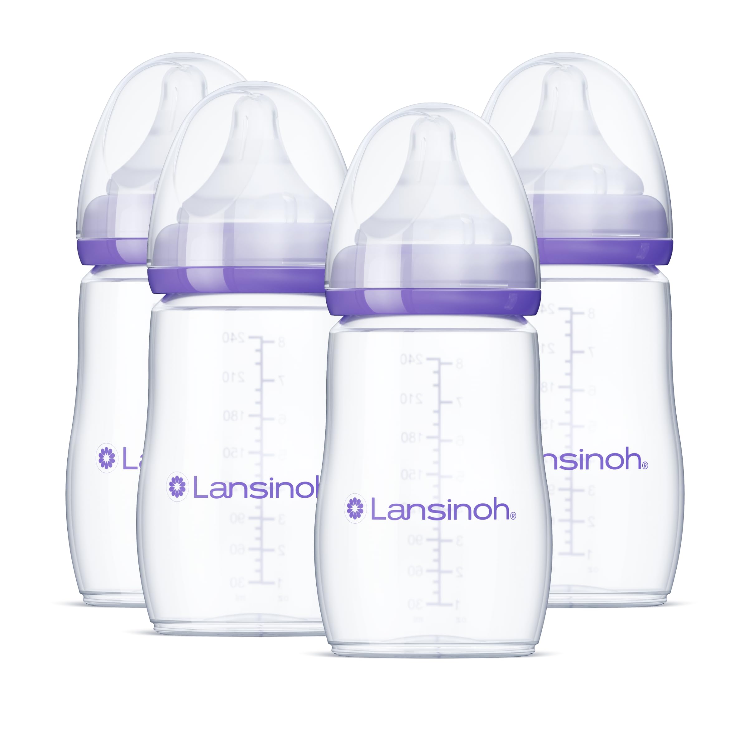 Biberones anticólicos Lansinoh para bebés lactantes, 8 onzas, 4 unidades, incluye 4 tetinas de flujo medio, talla M