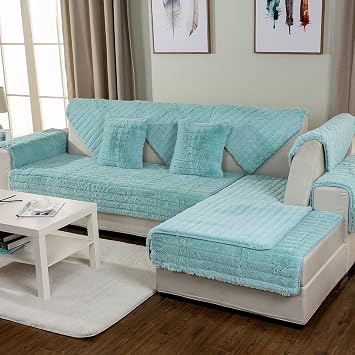 vctops Soft Warm Faux Fur Sofa Couch Cover, Plush Shaggy Sectional Couch Covers, Non-Slip Sofa Slipcover for Dogs Cats Pet Love Seat Recliner Leather L Shaped, Armrest Backrest CoverBlue,28"x28"