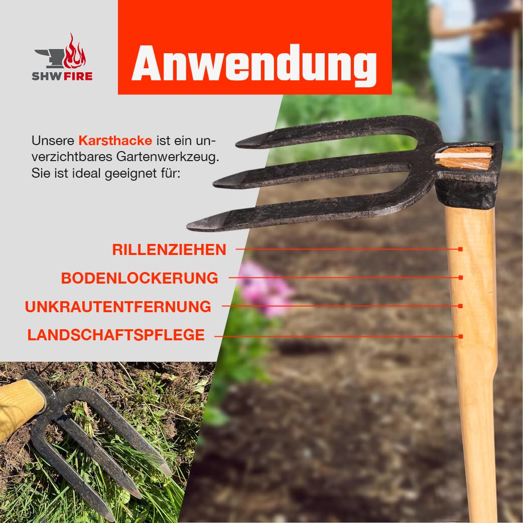 Karsthacke mit 3 Zinken - Geschmiedeter Stahl, 135cm langer Eschenholzstiel. Erleichtert die Gartenarbeit von SHW-FIRE