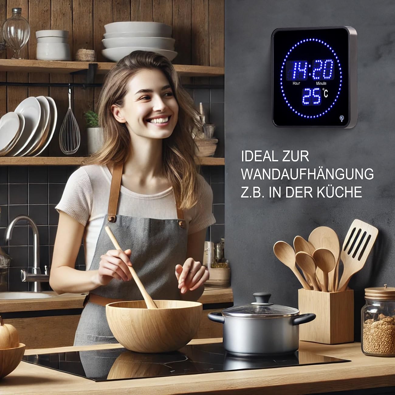 Horloge radiopilotée 20 x20 cm avec thermomètre - LED bleues [Lunartec]