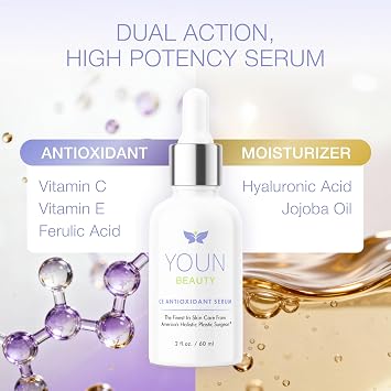 YOUN Beauty 20% Vitamin C Face Serum with Hyaluronic Acid, Ferulic Acid & Vitamin E by Holistic Plastic Surgeon Dr. Anthony Youn | Antioxidant Serum for Face for Skin Hydration, 60 ml