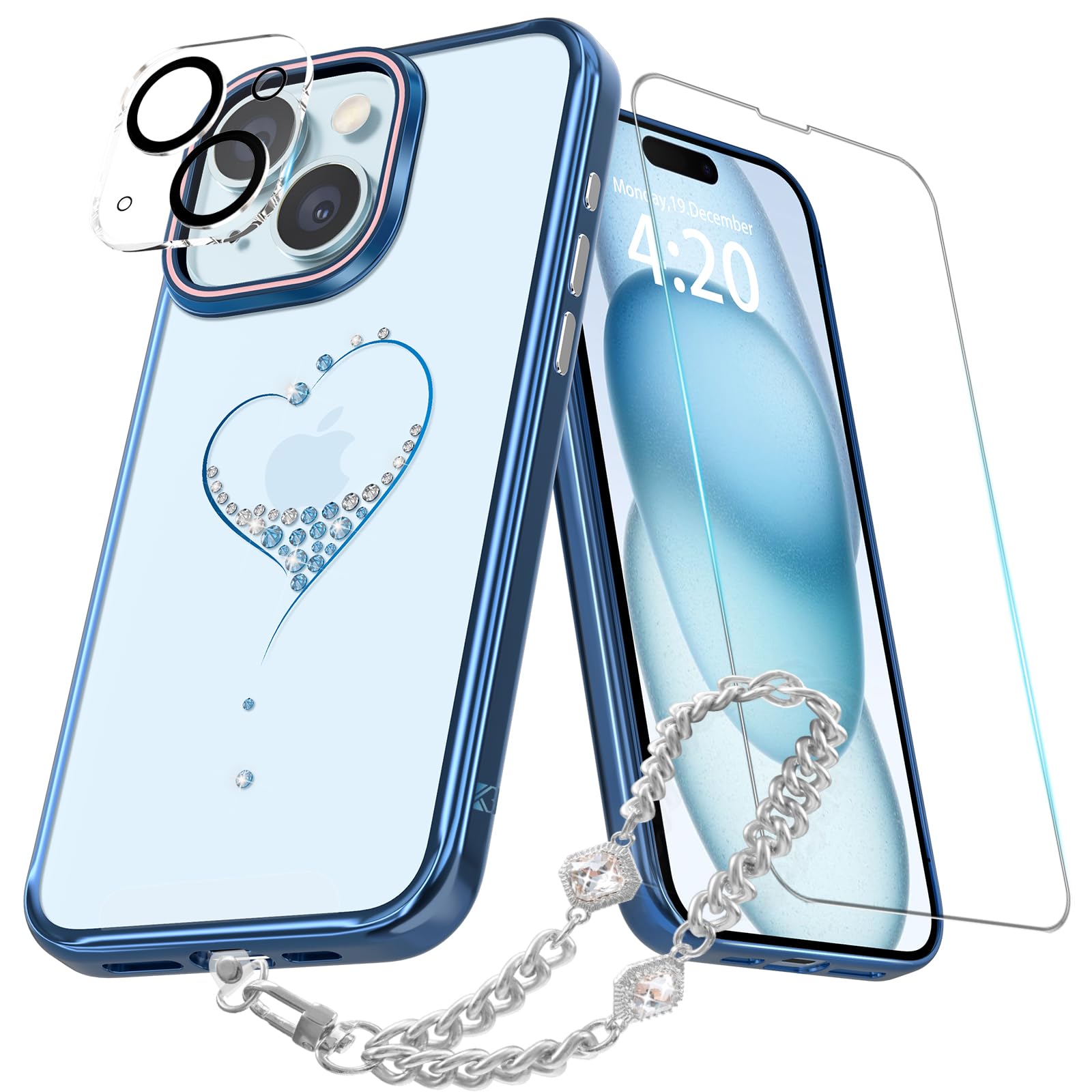 KINGXBARLuxury Plating for iPhone 15 Case, Bling Heart Crystals Women Girly Phone Case Clear Sparkle Diamond Protective Cover 6.1 inch, Blue