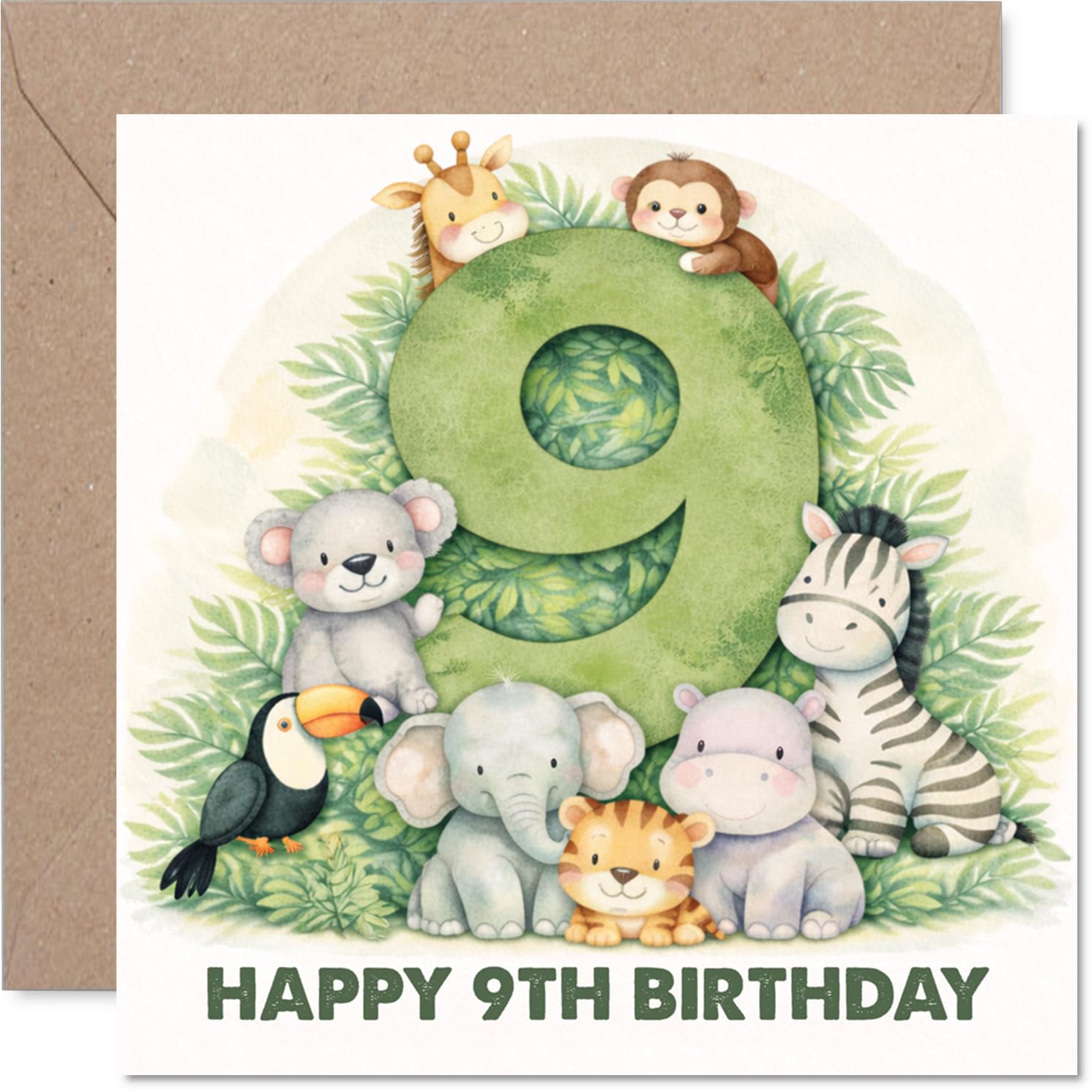 Playful 9th Birthday Card - Bursting with Birthday Cheer - Cartoon Animals Gather Round a Big Green Number 9-145mm Square, Envelope Included