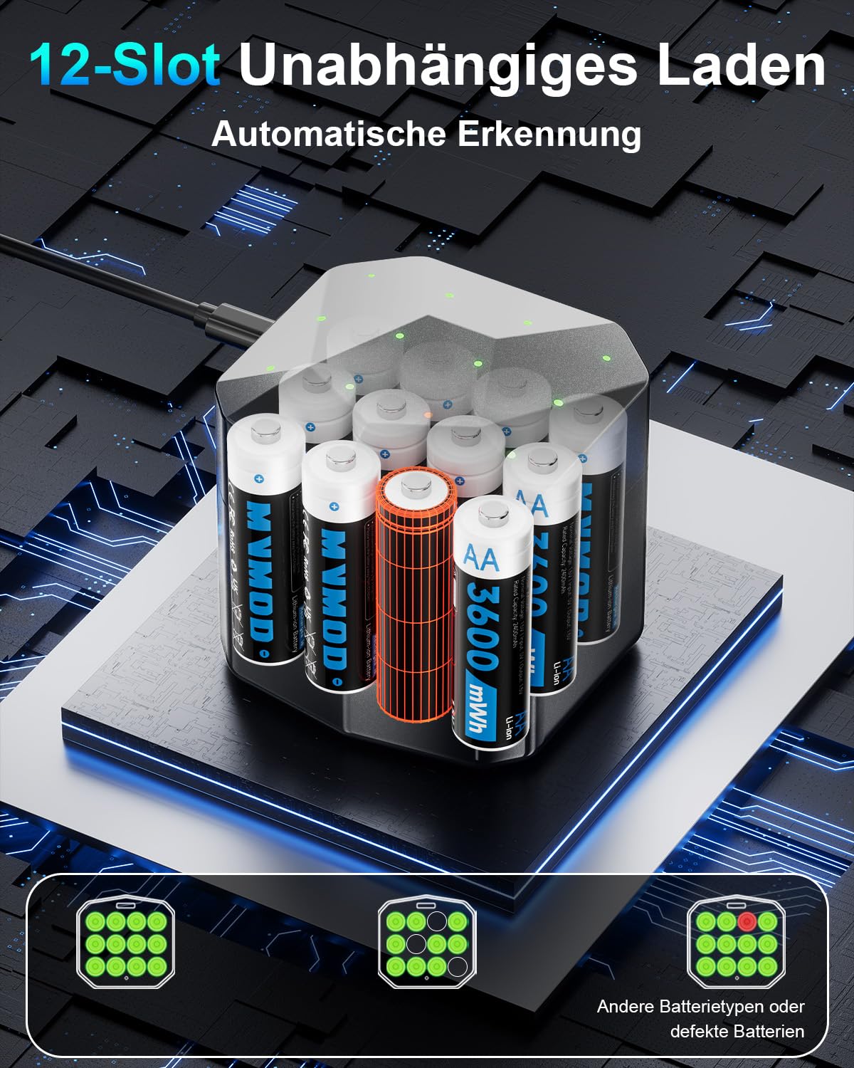 Wiederaufladbare AA Akkus 12er-Pack mit Ladegerät, 1,5V 3600mWh AA Wiederaufladbare Lithium Batterien mit Integrierter Schnelles Aufladen Aufbewahrungsbox (2000 Zyklen) Schwarz