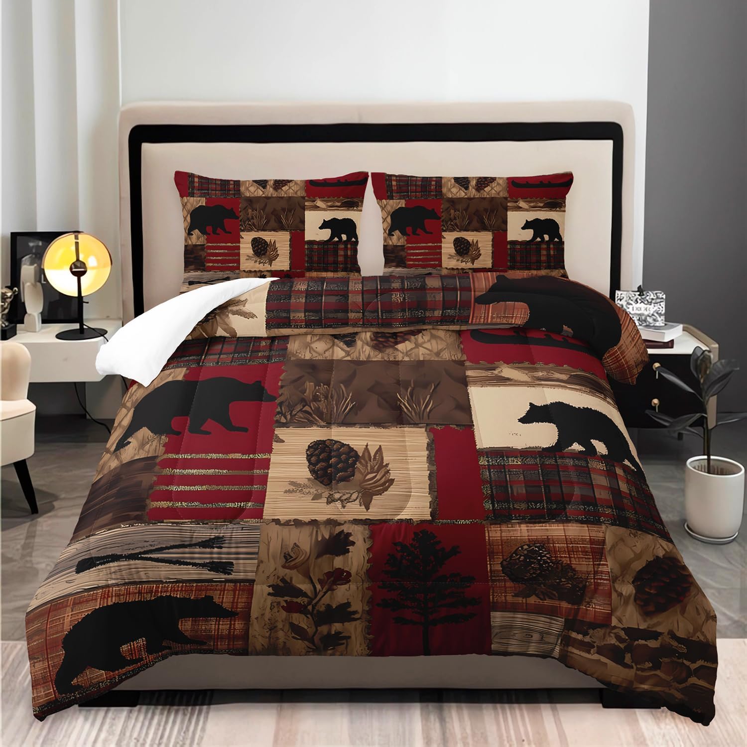 Western Rustic Bears Wild Hunt Animal Comforter 3Pcs Queen Natural Forest Black Bear Nut Bedding Set for Kid Teen Boy Girl Adult Retro Flower Grid Quilt Bed Decor with 1 Comforter+2 Pillowcases