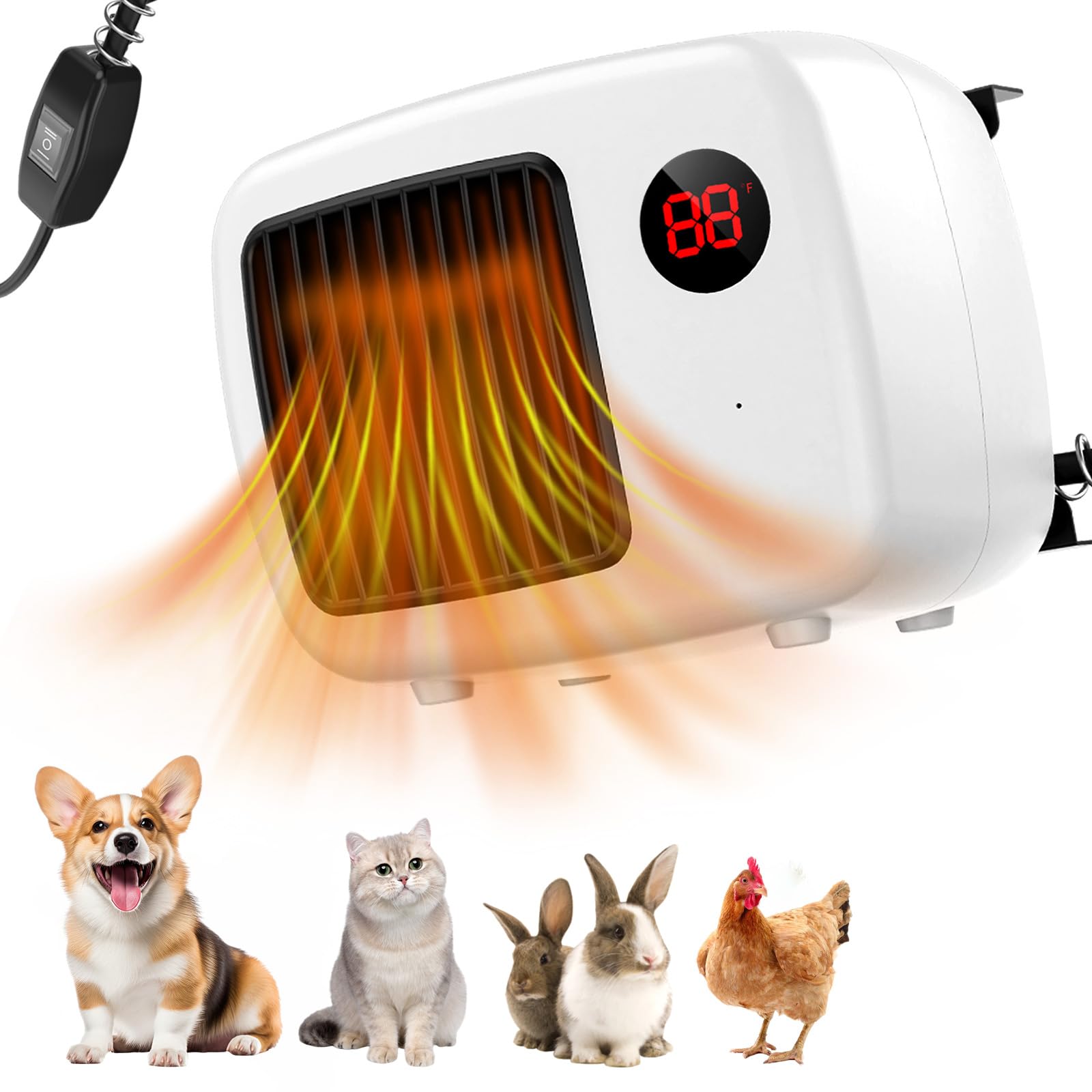 PAKESI Calefactor de 600W con termostato, Calefactor de Exterior para casetas de Perros con Cable Anti masticación, Calefactor Seguro para gallineros y conejeras