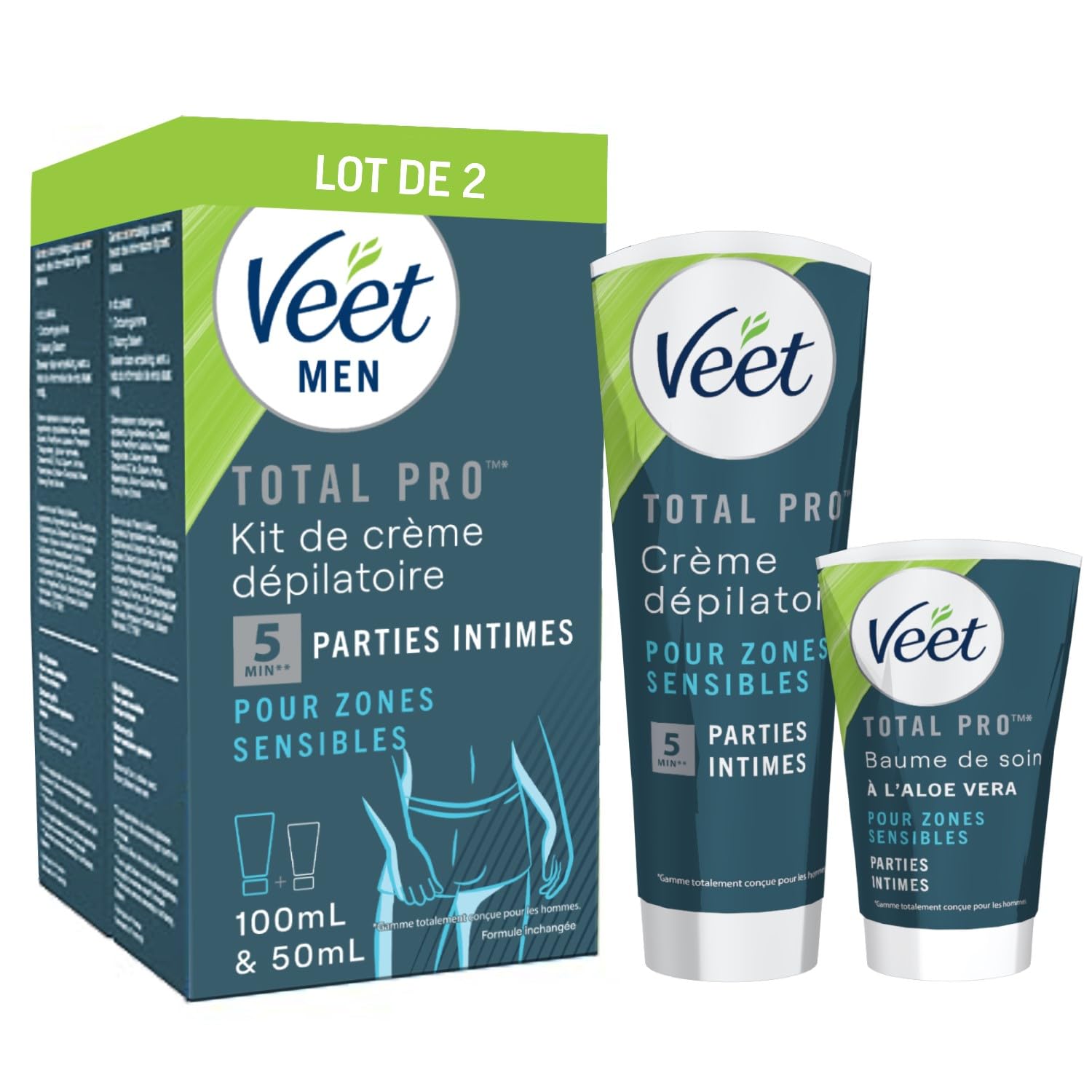VEET FOR MEN - Lot de 2 Kits épilation Zones Intimes - 2 Crèmes Dépilatoire 100ml et 2 Baumes de Soin 50ml - Peaux Sensibles