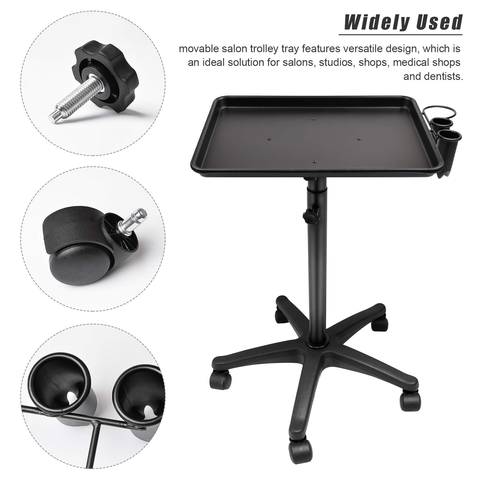 Kalolary Salon Trolleys Barber Trolley Verstellbare Höhe, Aluminiumwagen Beauty Trolley mit Scrollrad, Professioneller Schönheitssalon Tray Cart Tool Holder (Schwarz)