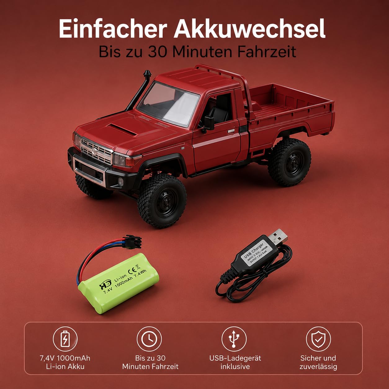 Toyota Land Cruiser | Ferngesteuertes RC Auto 1:12 | 4WD Crawler Pickup | Steuerung 2.4 GHz 100 m | LED Licht | Li-Ion 7.4 V 500 mAh 30 min | RTR Komplettset Offroad (Rot)