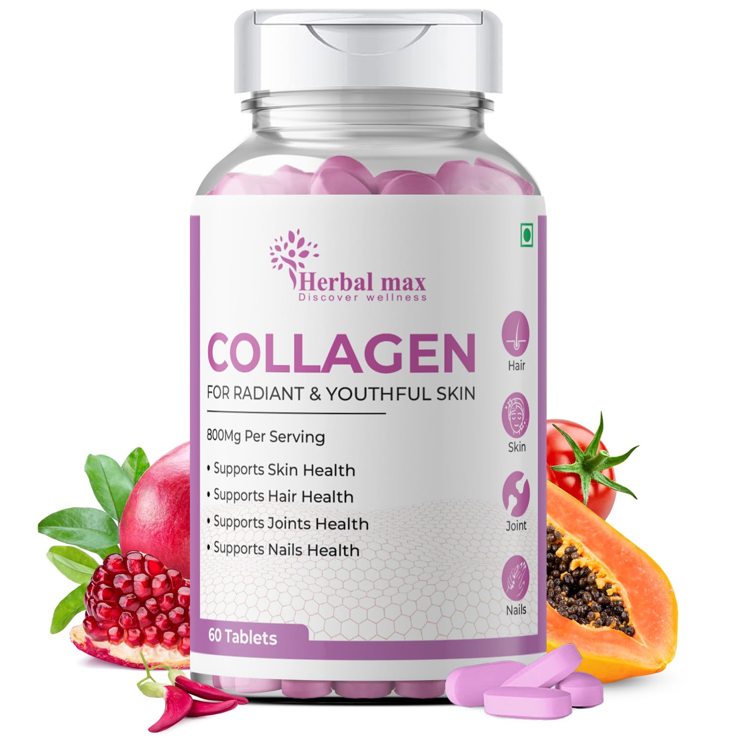 Herbal max Veg Collagen Builder Supplement Tablets for Glow Skin, Hair and Nails | Plant-Based | Enriched With Biotin, L Glutathione | For Men and Women |Support Type 1, 2, 3-60 Tablets (800mg) (B0C7BWWD82) Amazon Price History, Amazon Price Tracker