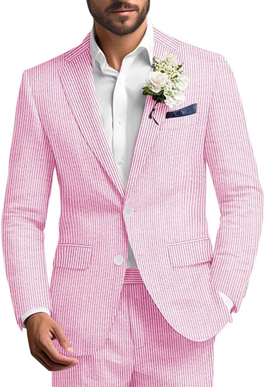 Mens Seersucker Suit 2 Piece Striped Lightweight Blazer Jacket and Pants Beach Wedding Prom Suits Summer Wear