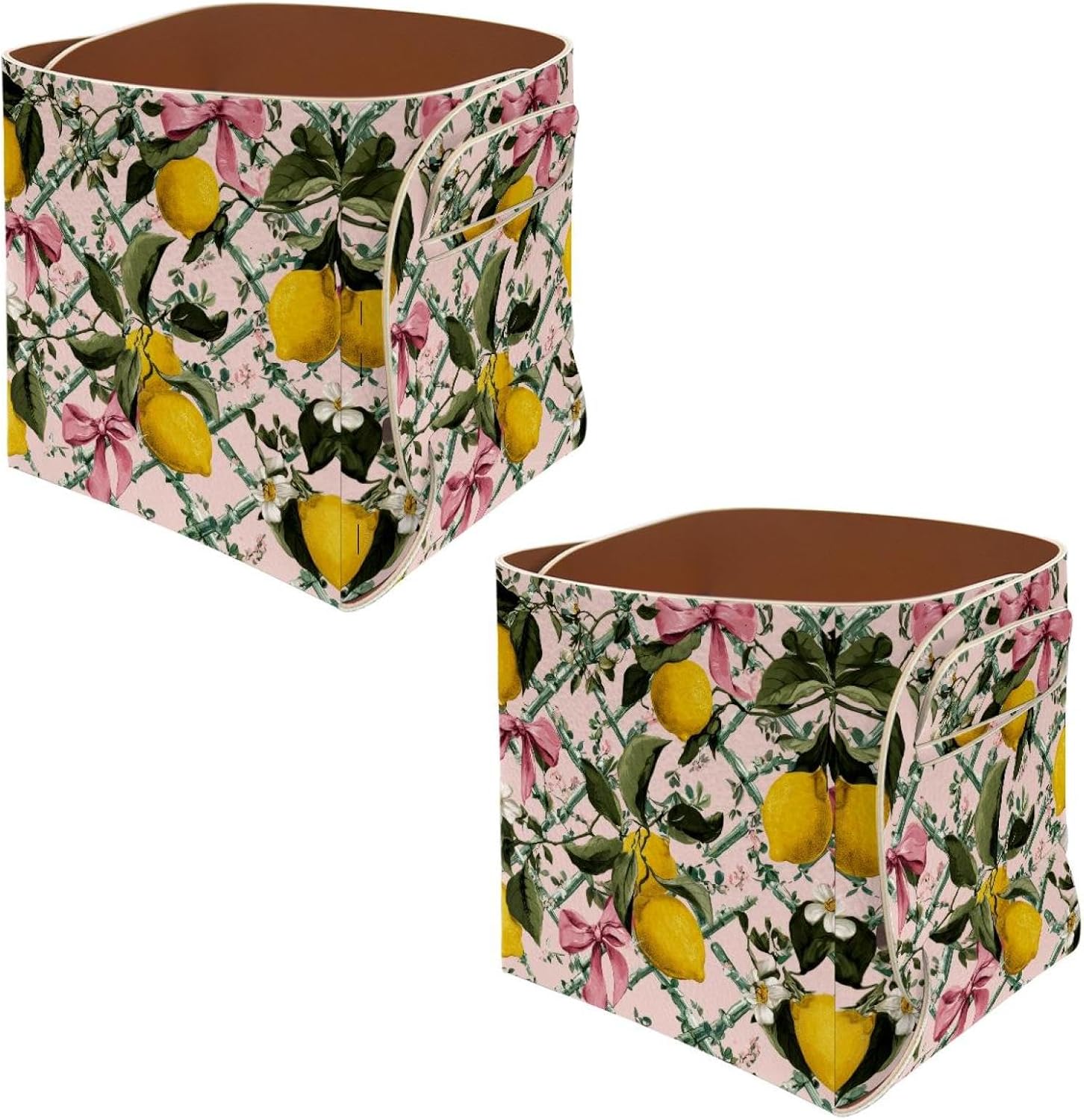 Collapsible Leather Storage Box Organizer, Floral Trellis Pattern with Pink Bows and Lemons. Home Office Desk Pencil Holder Makeup Brushes Holder for Women Men
